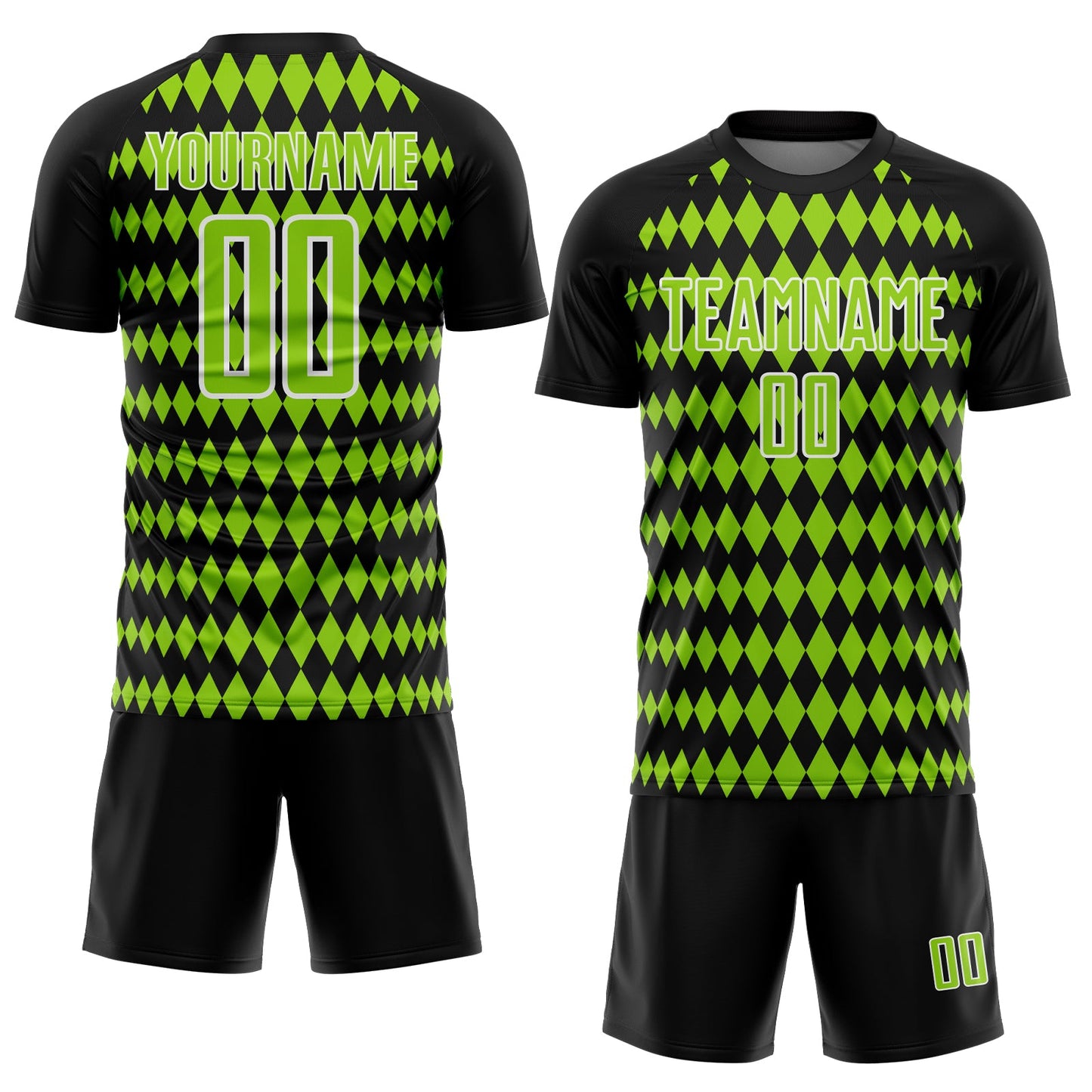 Custom Black Neon Green-White Diamond Harlequin Check Sports Sublimation Soccer Uniform Jersey view 2
