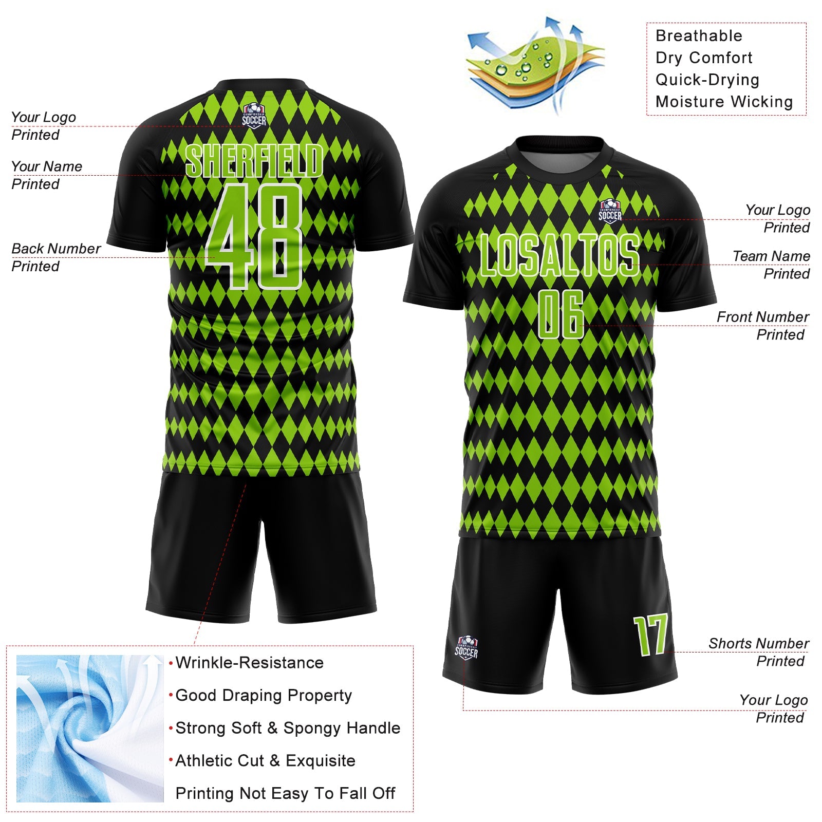 Custom Black Neon Green-White Diamond Harlequin Check Sports Sublimation Soccer Uniform Jersey view 4