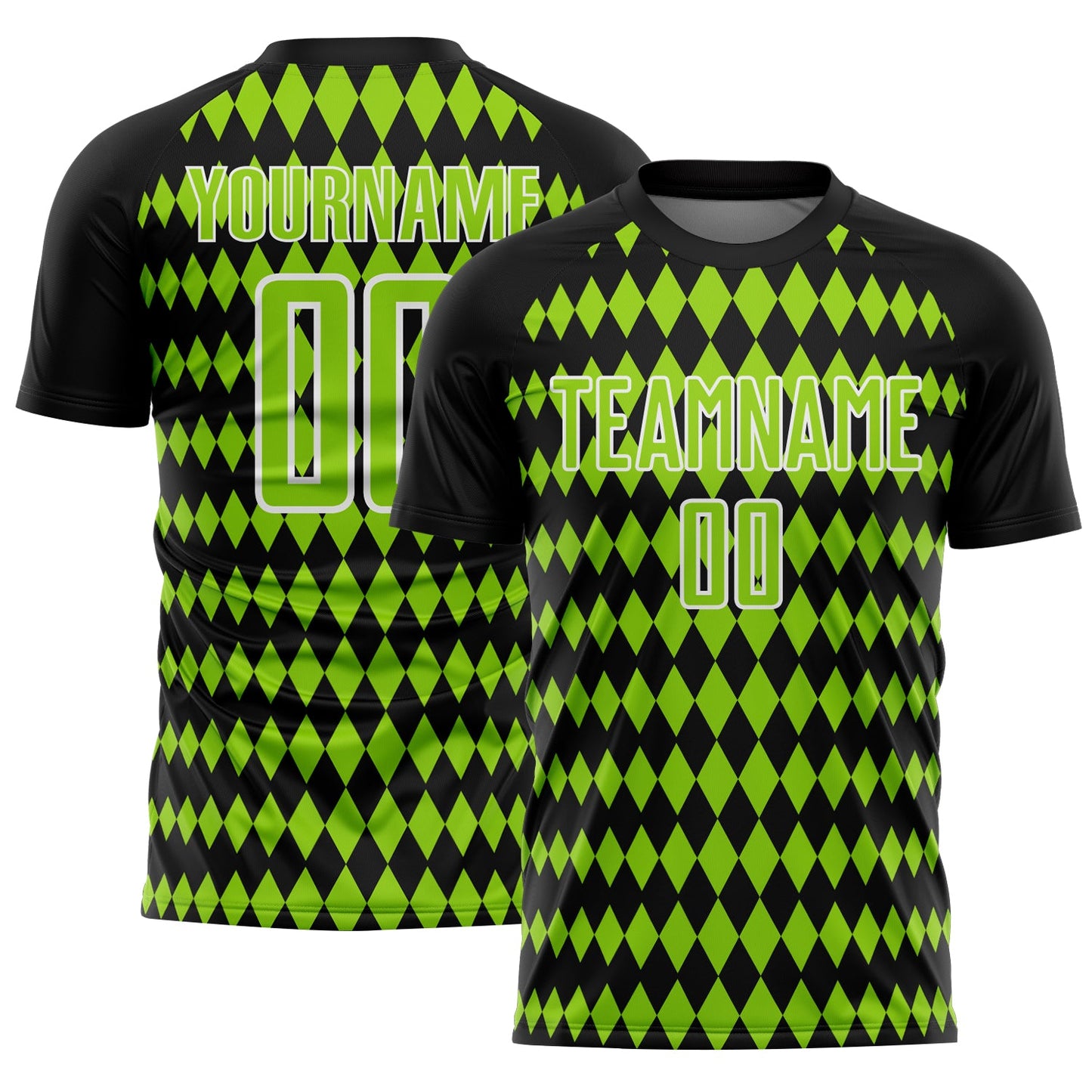 Custom Black Neon Green-White Diamond Harlequin Check Sports Sublimation Soccer Uniform Jersey - Main View