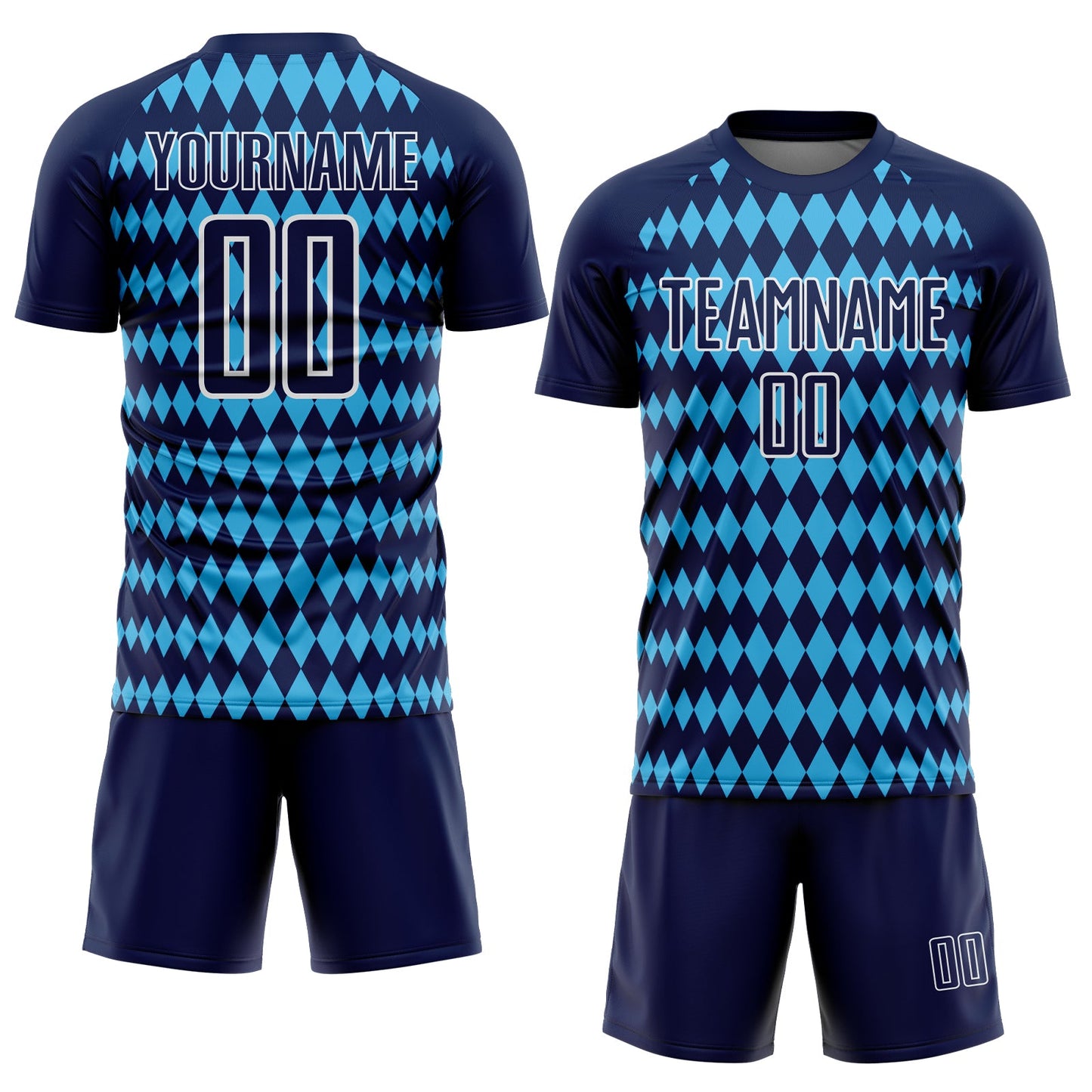 Custom Navy Sky Blue-White Diamond Harlequin Check Sports Sublimation Soccer Uniform Jersey view 2