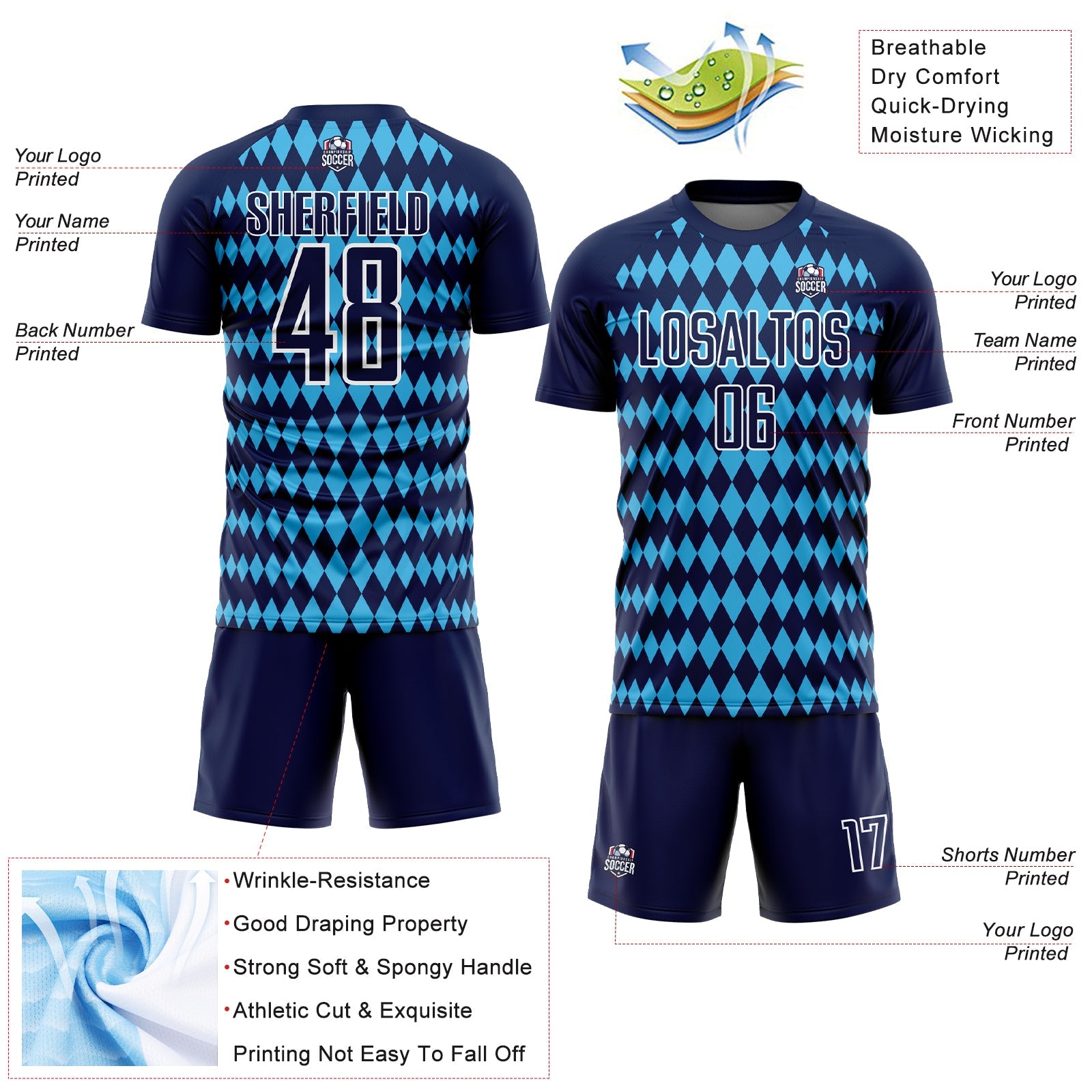 Custom Navy Sky Blue-White Diamond Harlequin Check Sports Sublimation Soccer Uniform Jersey view 4