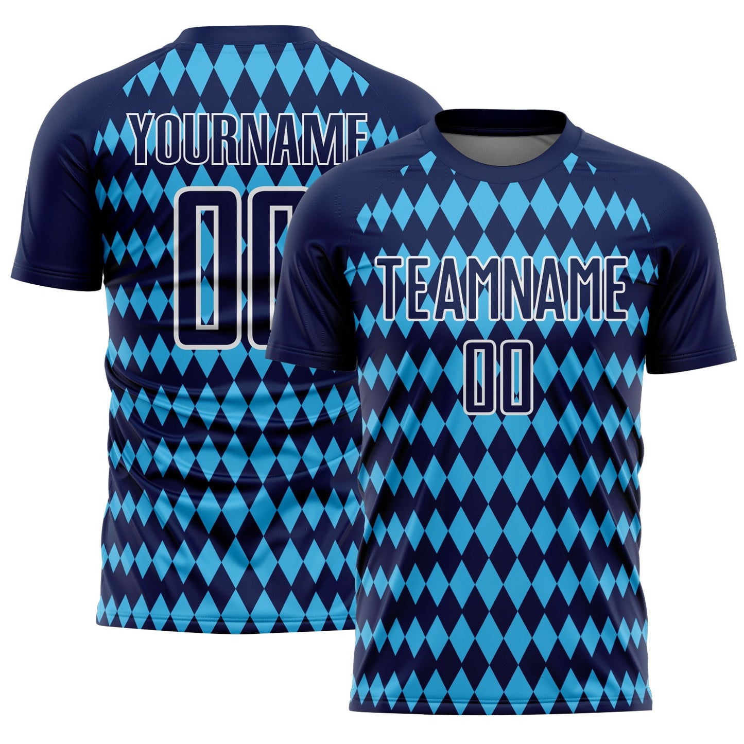 Custom Navy Sky Blue-White Diamond Harlequin Check Sports Sublimation Soccer Uniform Jersey - Main View