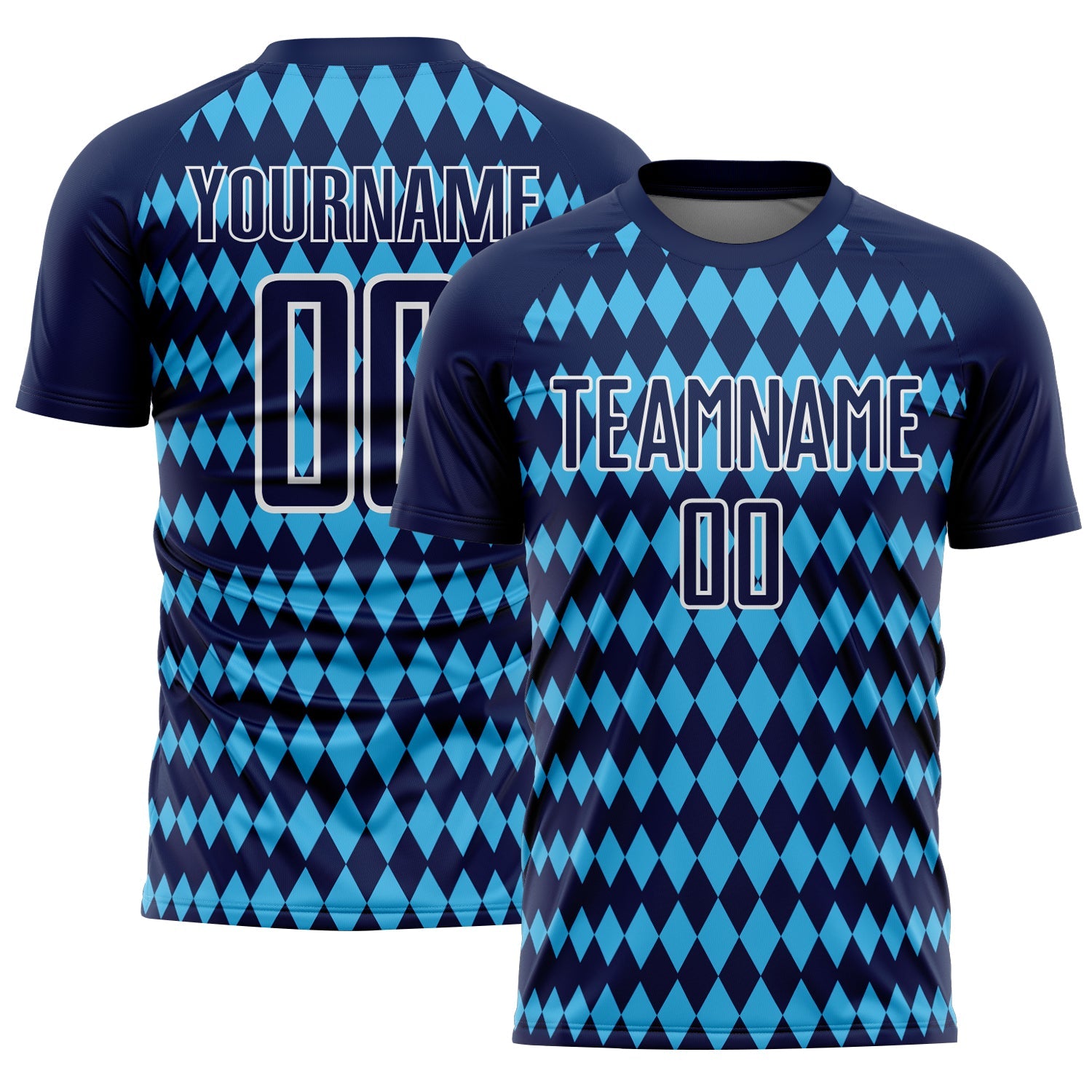 Custom Navy Sky Blue-White Diamond Harlequin Check Sports Sublimation Soccer Uniform Jersey - Main View