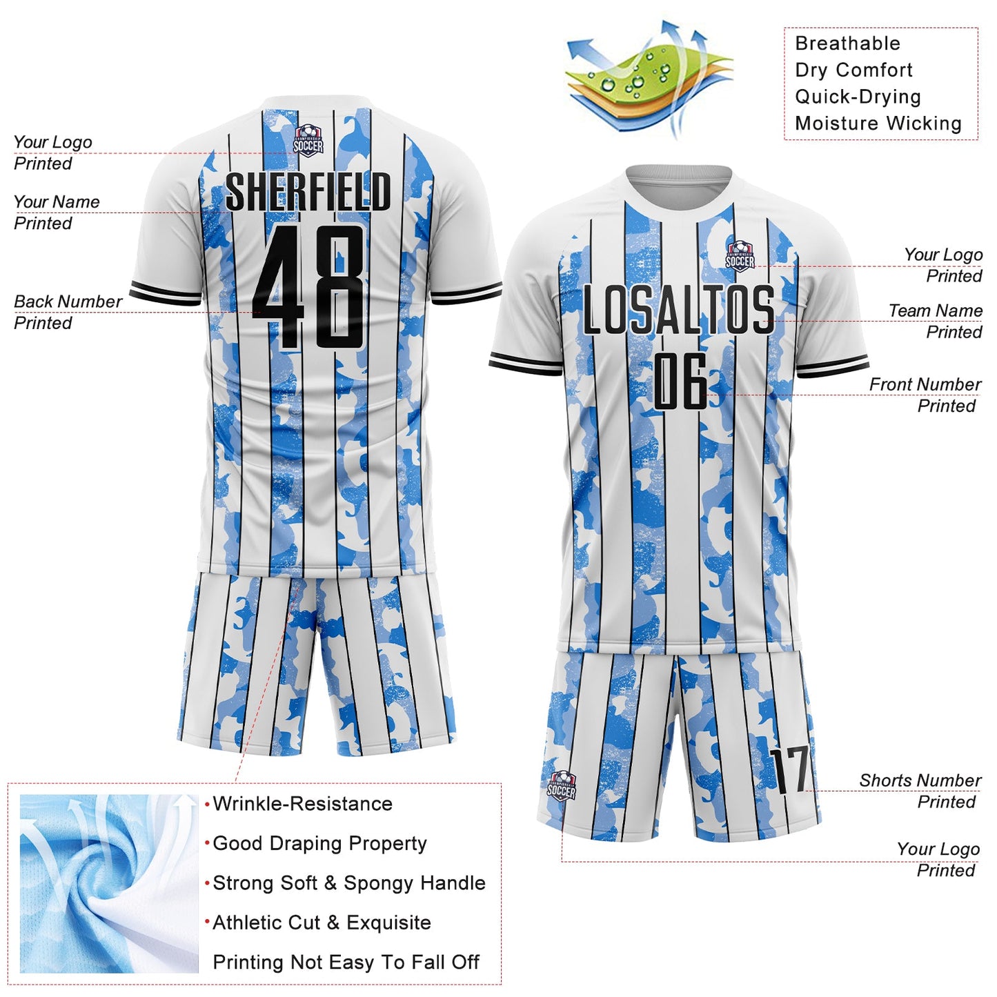 Custom White Black-Light Blue Camo Stripe Sports Sublimation Soccer Uniform Jersey view 4