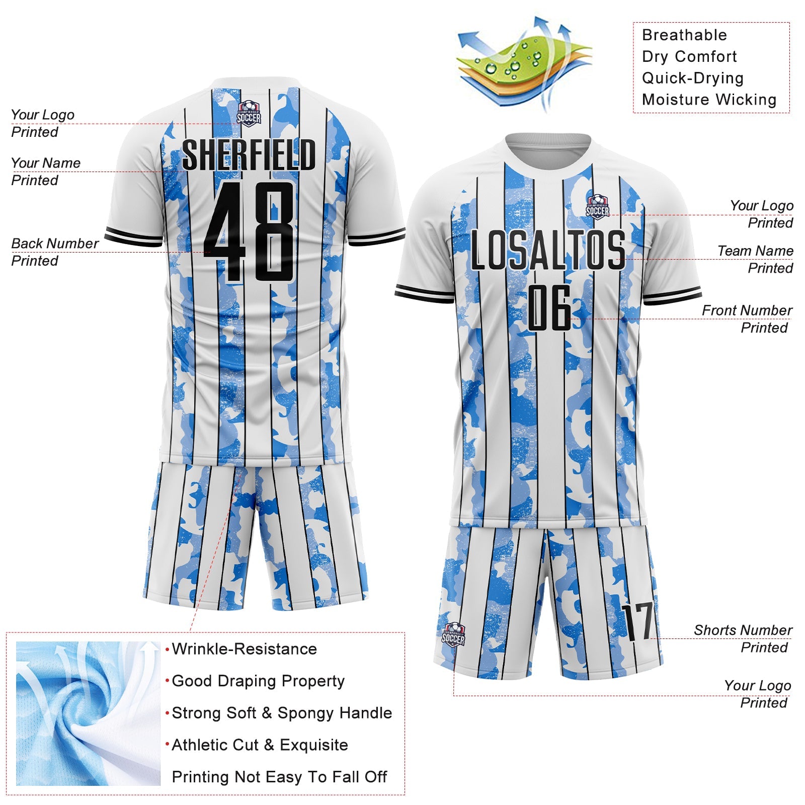 Custom White Black-Light Blue Camo Stripe Sports Sublimation Soccer Uniform Jersey view 4