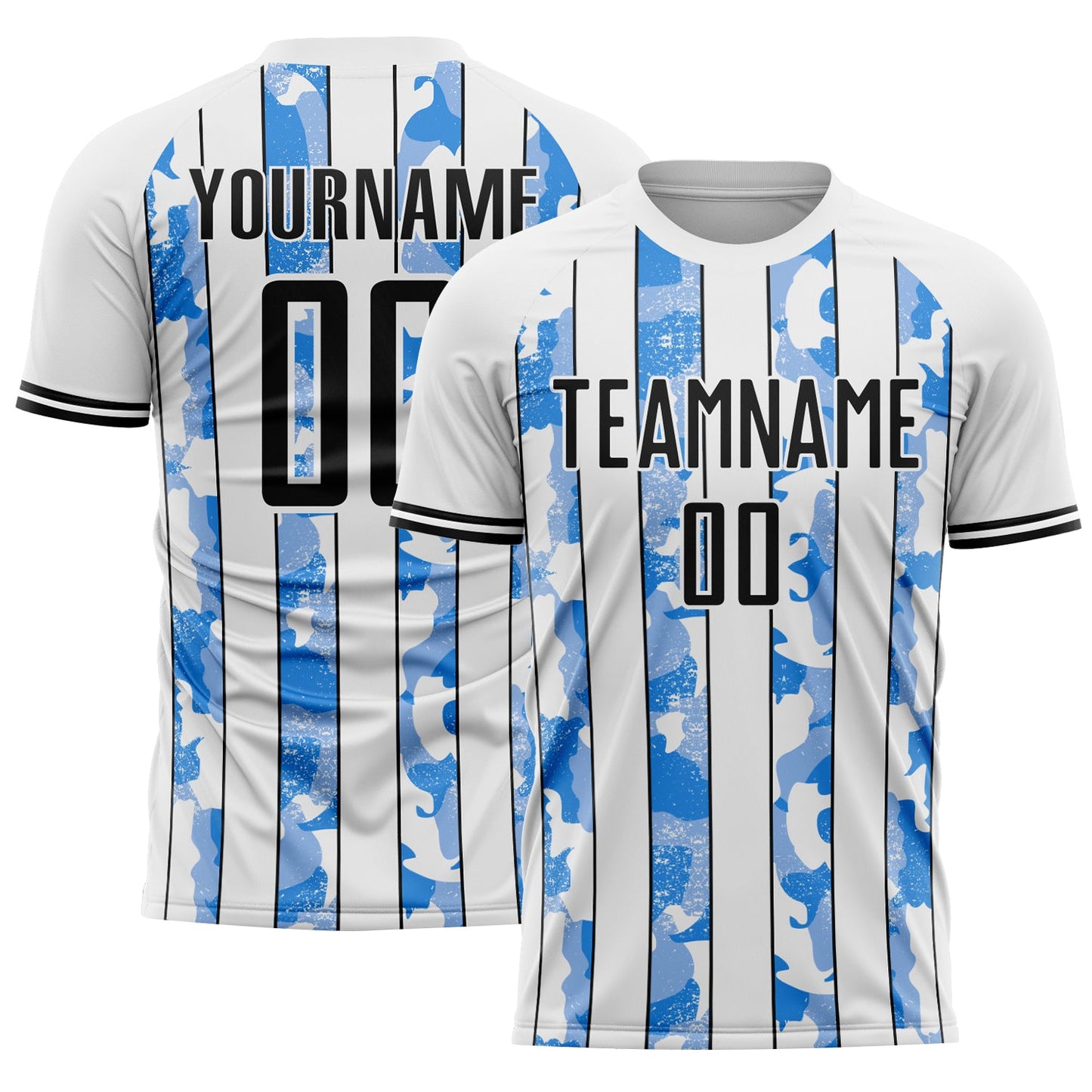 Custom White Black-Light Blue Camo Stripe Sports Sublimation Soccer Uniform Jersey - Main View