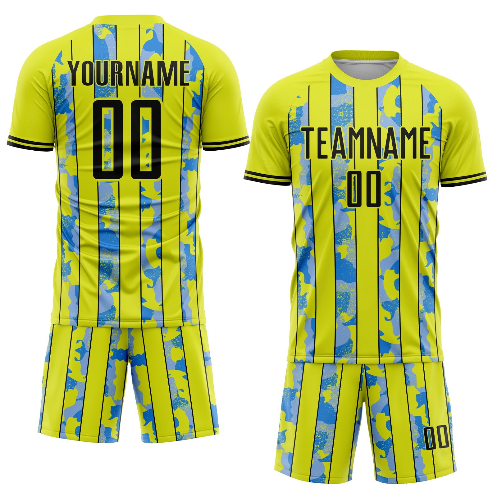 Custom Neon Yellow Black-Light Blue Camo Stripe Sports Sublimation Soccer Uniform Jersey view 2