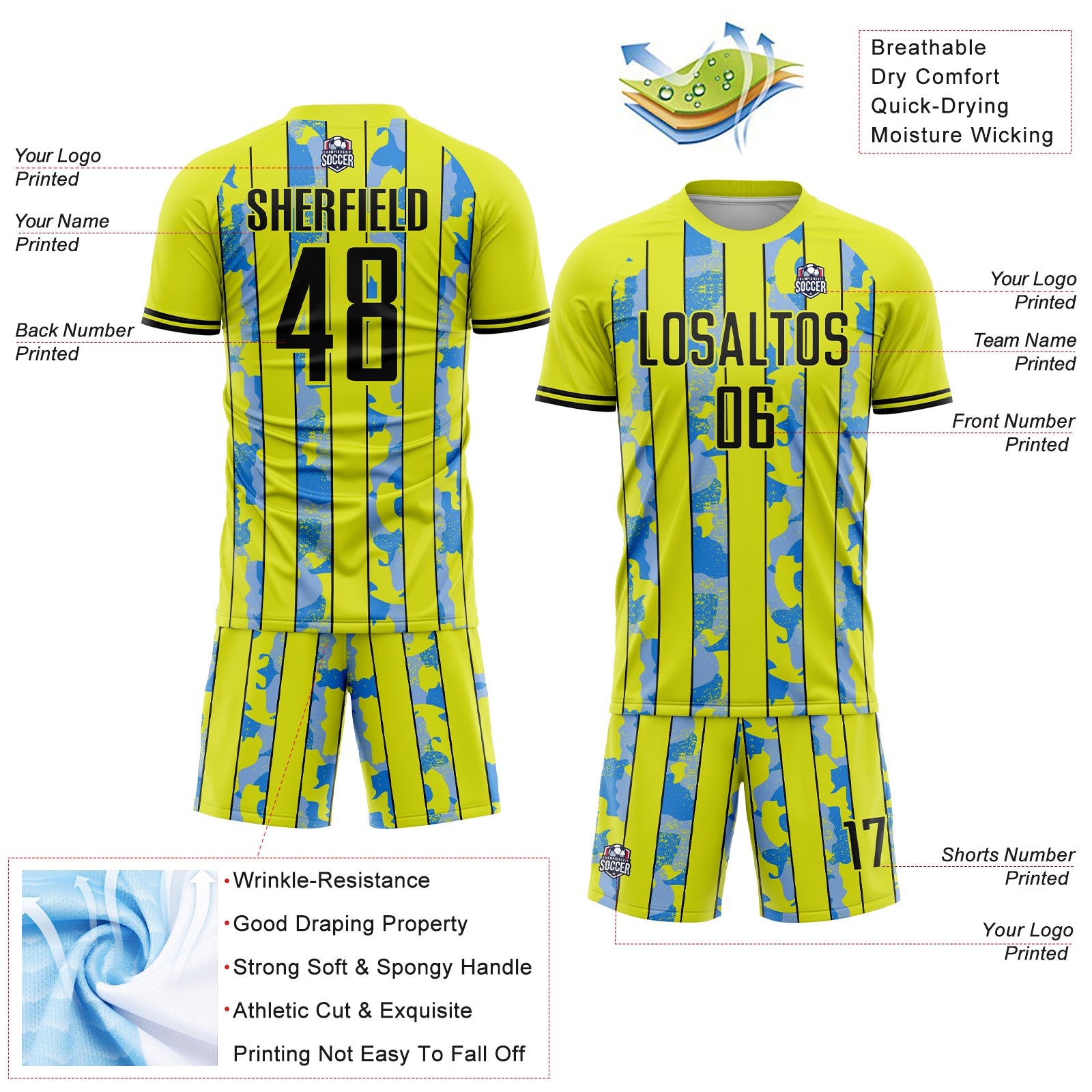 Custom Neon Yellow Black-Light Blue Camo Stripe Sports Sublimation Soccer Uniform Jersey view 4