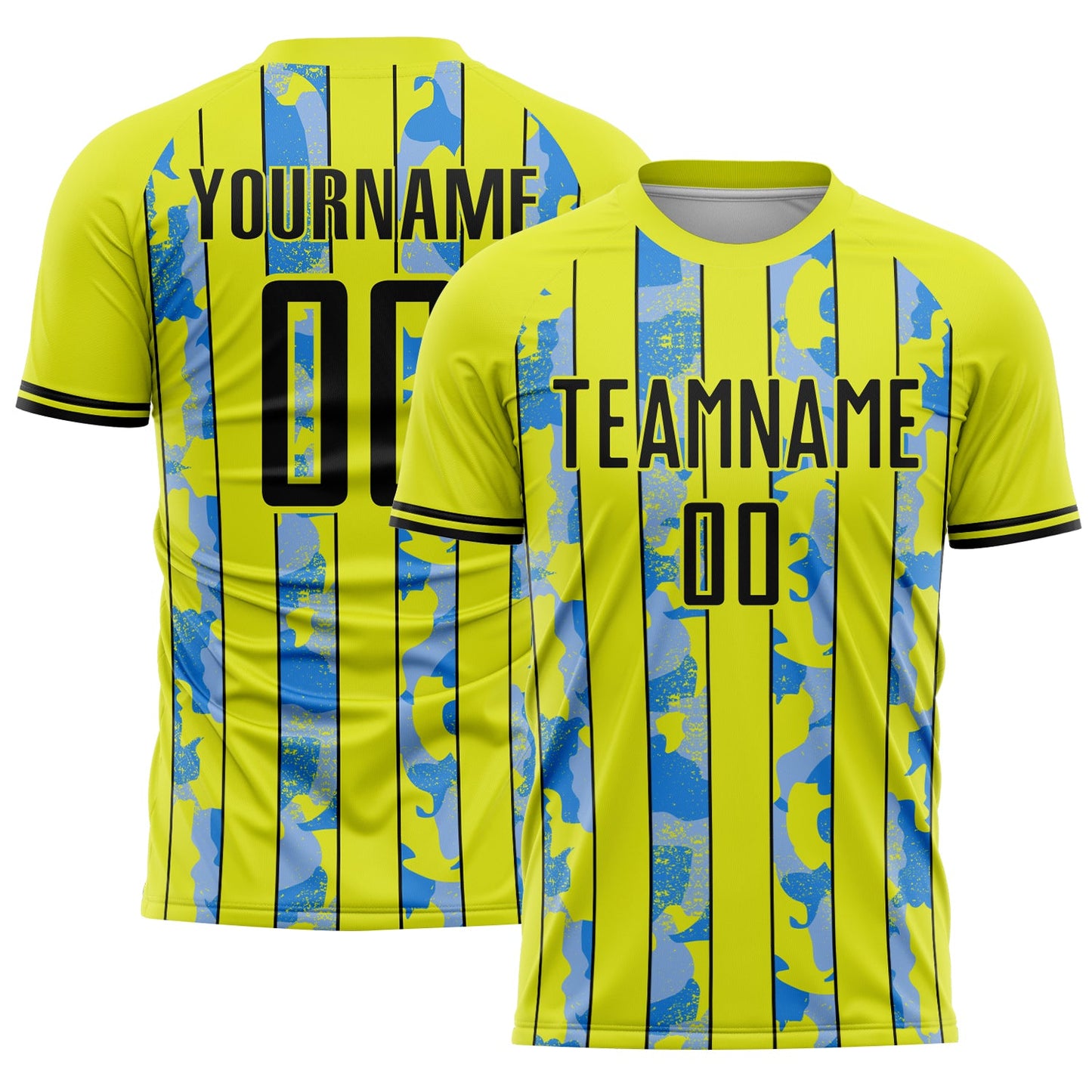 Custom Neon Yellow Black-Light Blue Camo Stripe Sports Sublimation Soccer Uniform Jersey - Main View