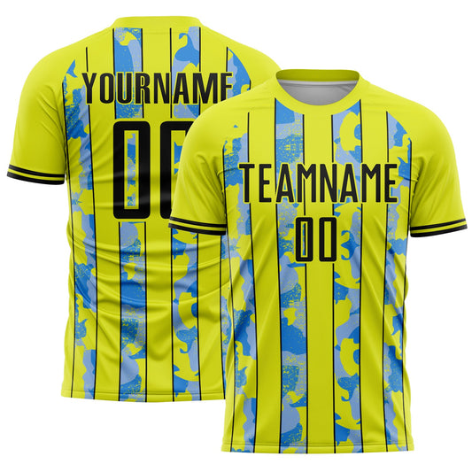 Custom Neon Yellow Black-Light Blue Camo Stripe Sports Sublimation Soccer Uniform Jersey - Main View