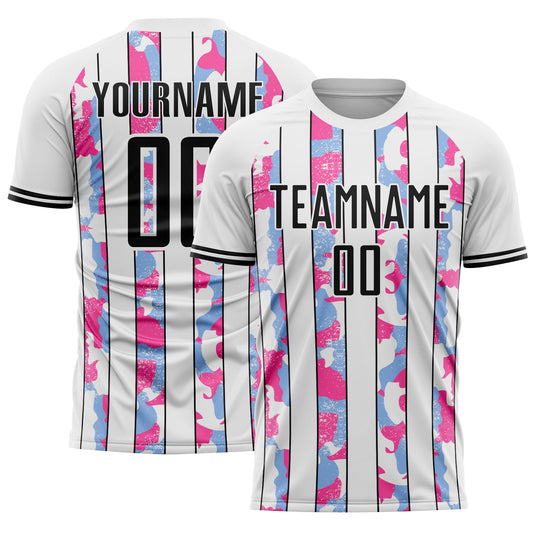 Custom White Black Light Blue-Pink Camo Stripe Sports Sublimation Soccer Uniform Jersey - Main View