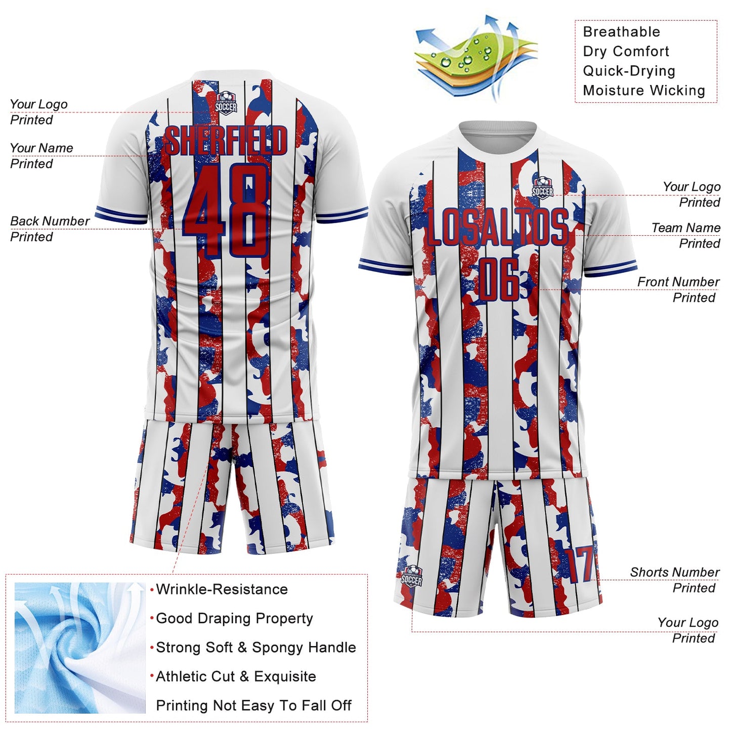 Custom White Red-Royal Camo Stripe Sports Sublimation Soccer Uniform Jersey view 4