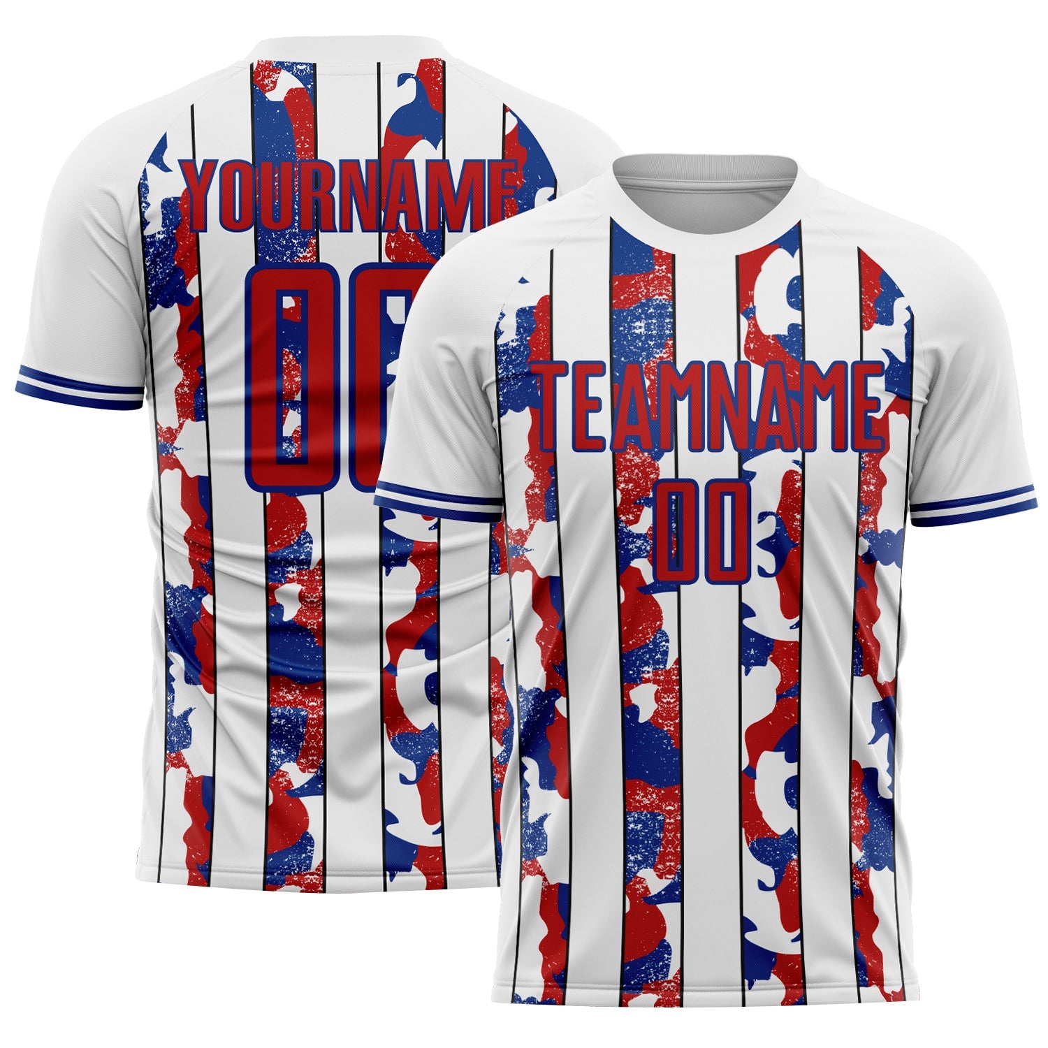 Custom White Red-Royal Camo Stripe Sports Sublimation Soccer Uniform Jersey - Main View