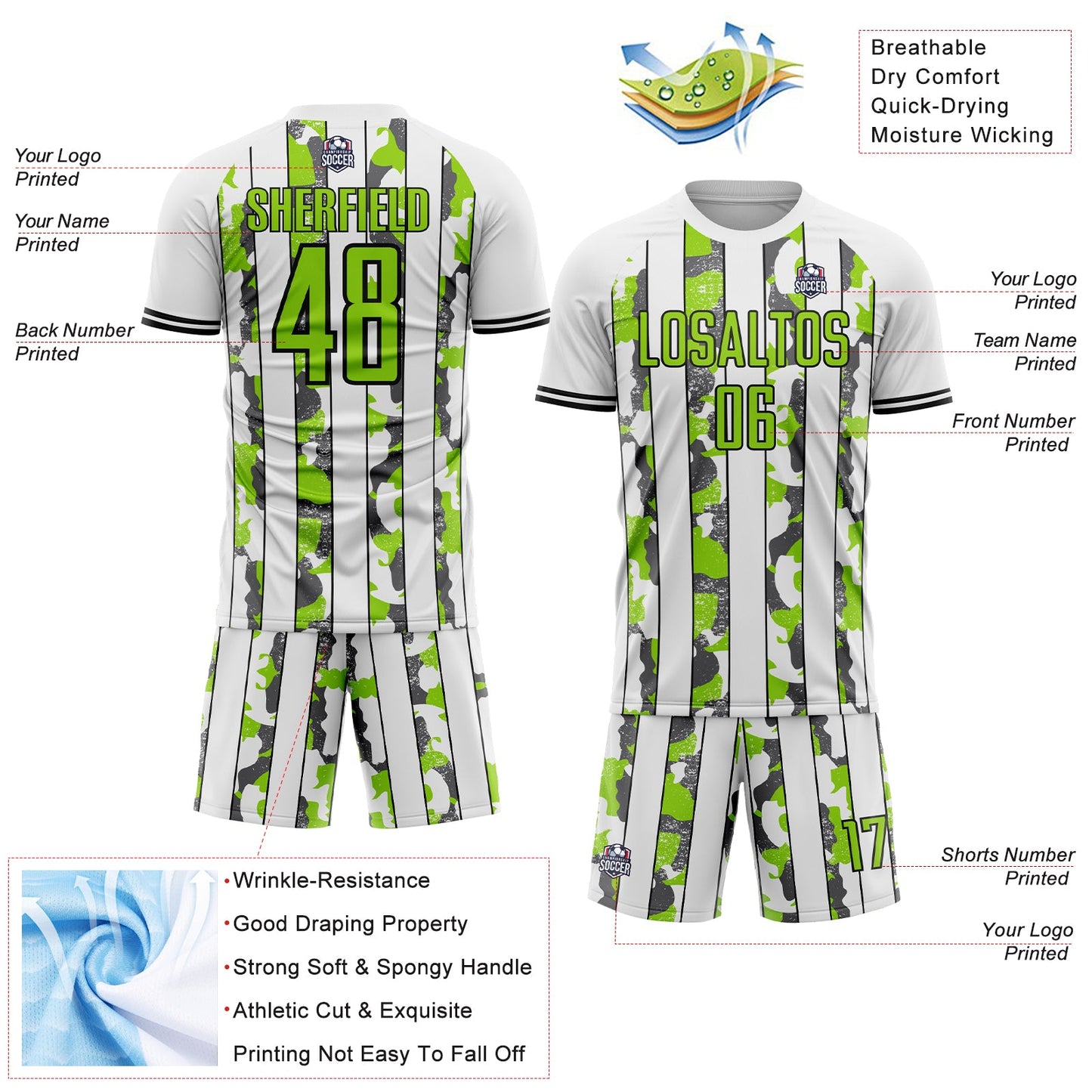 Custom White Neon Green Black-Steel Gray Camo Stripe Sports Sublimation Soccer Uniform Jersey view 4