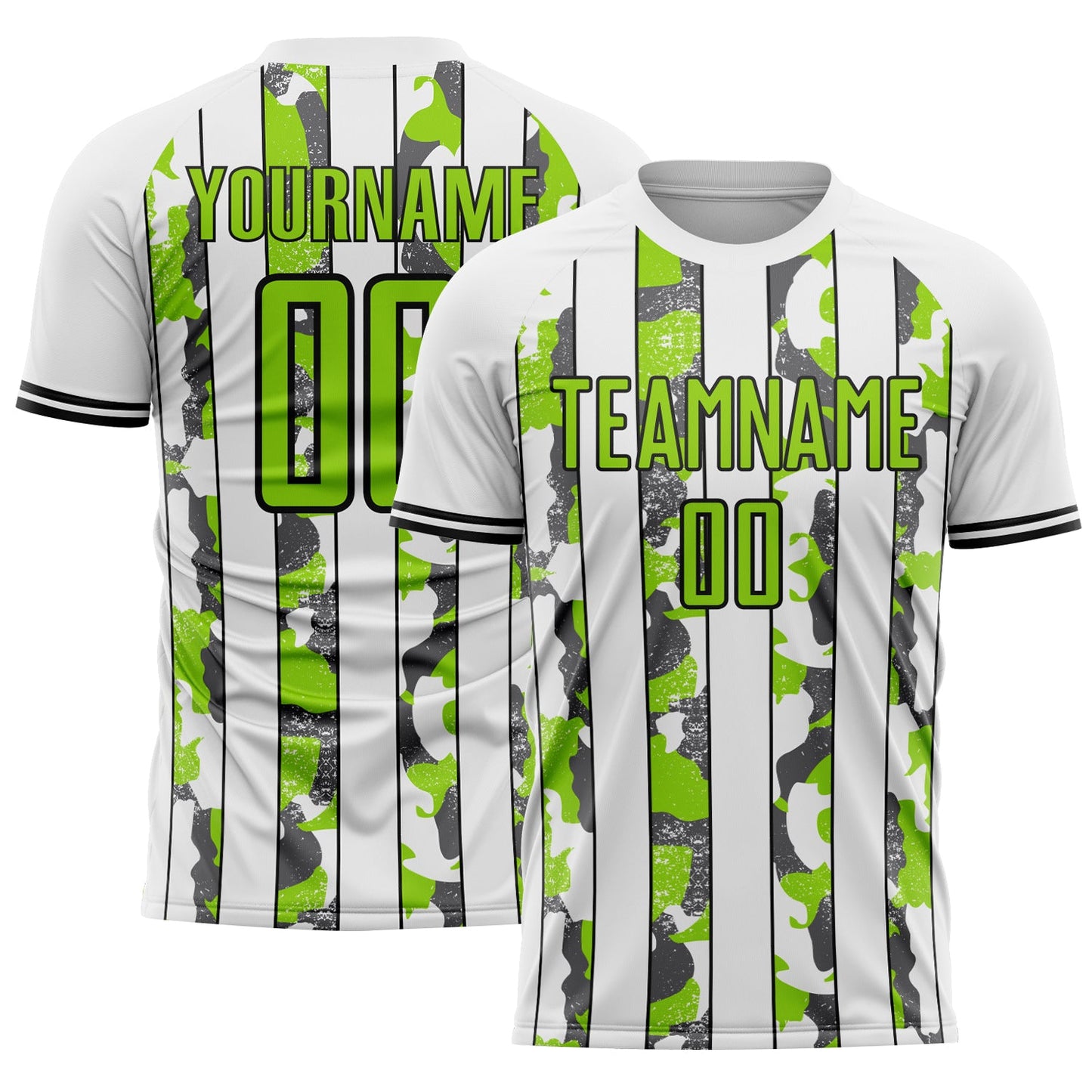 Custom White Neon Green Black-Steel Gray Camo Stripe Sports Sublimation Soccer Uniform Jersey - Main View