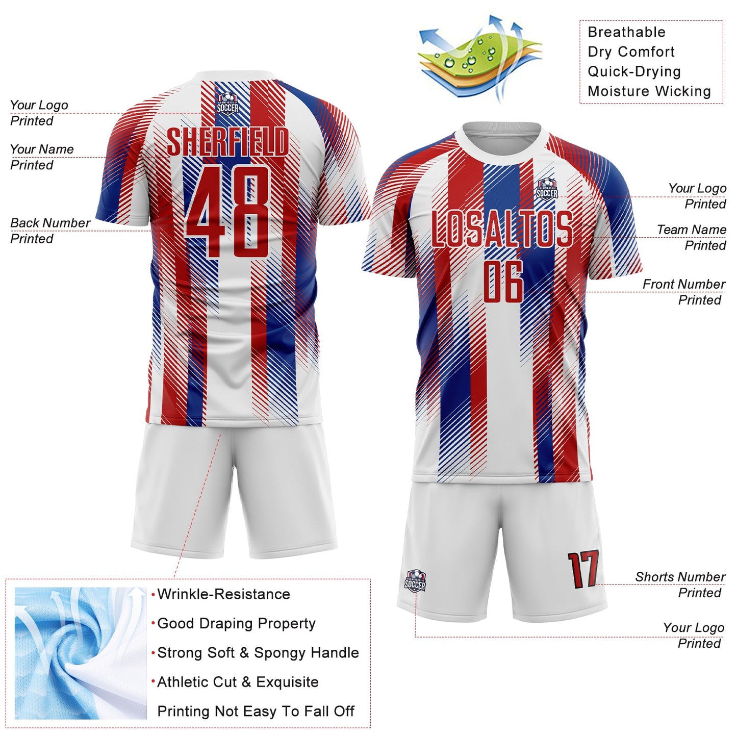 Custom White Red-Royal Diagonal Stripe Sports Sublimation Soccer Uniform Jersey view 4