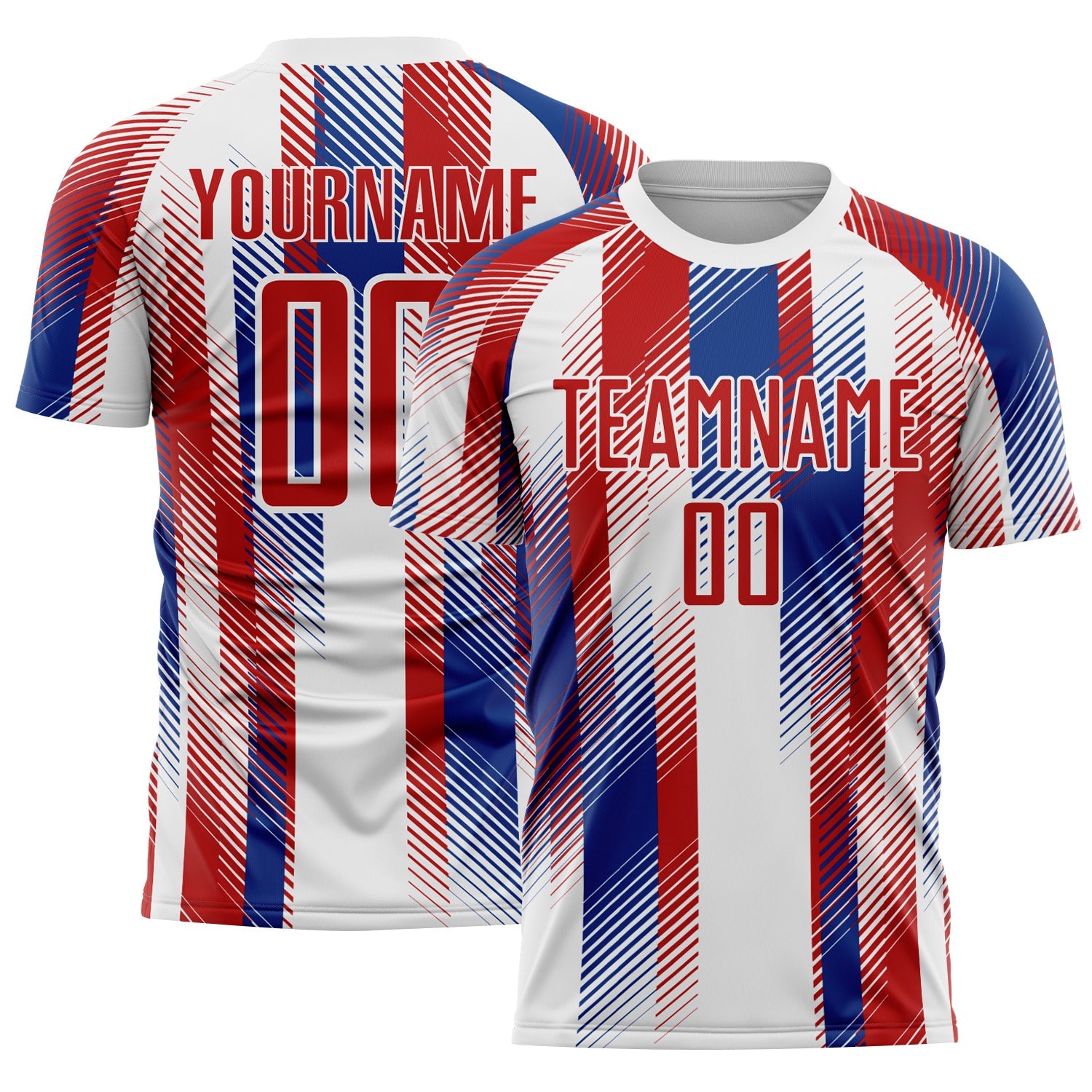 Custom White Red-Royal Diagonal Stripe Sports Sublimation Soccer Uniform Jersey - Main View