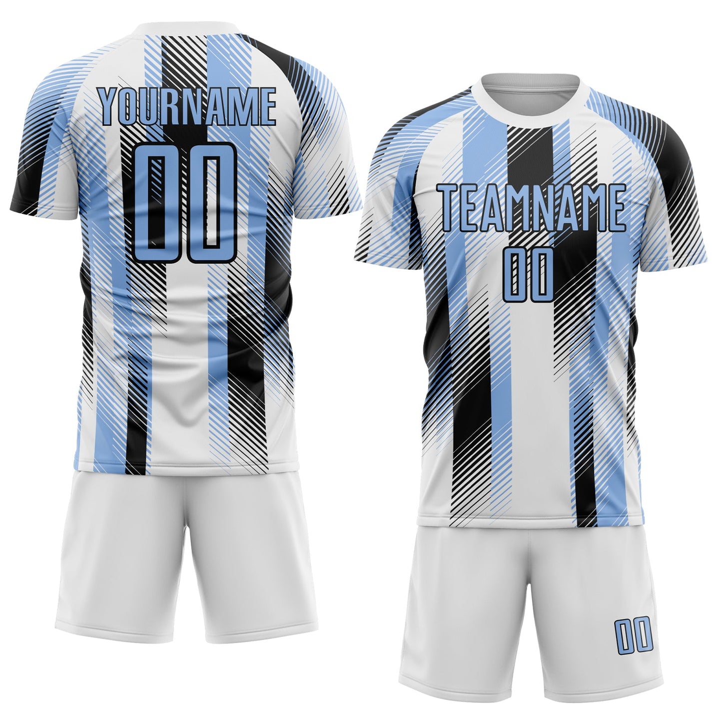 Custom White Light Blue-Black Diagonal Stripe Sports Sublimation Soccer Uniform Jersey view 2