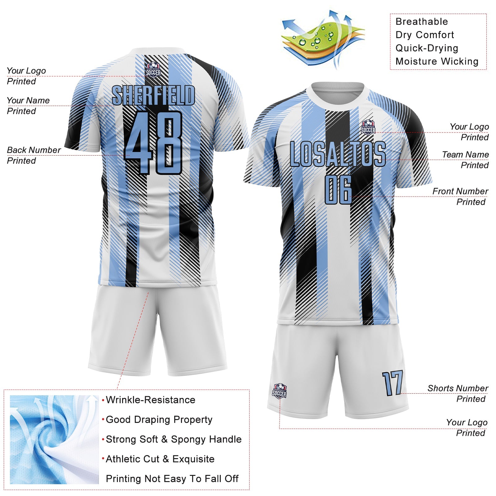 Custom White Light Blue-Black Diagonal Stripe Sports Sublimation Soccer Uniform Jersey view 4