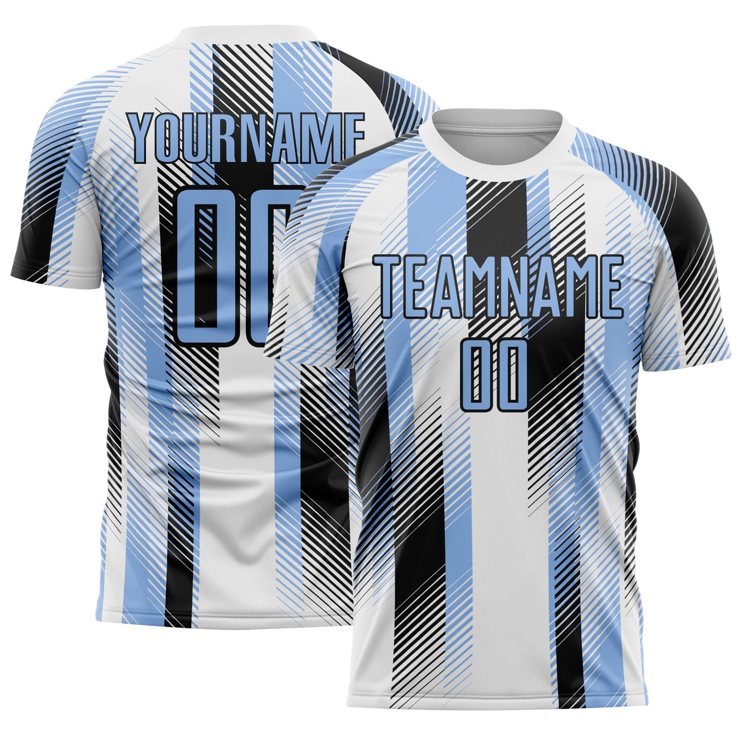 Custom White Light Blue-Black Diagonal Stripe Sports Sublimation Soccer Uniform Jersey - Main View