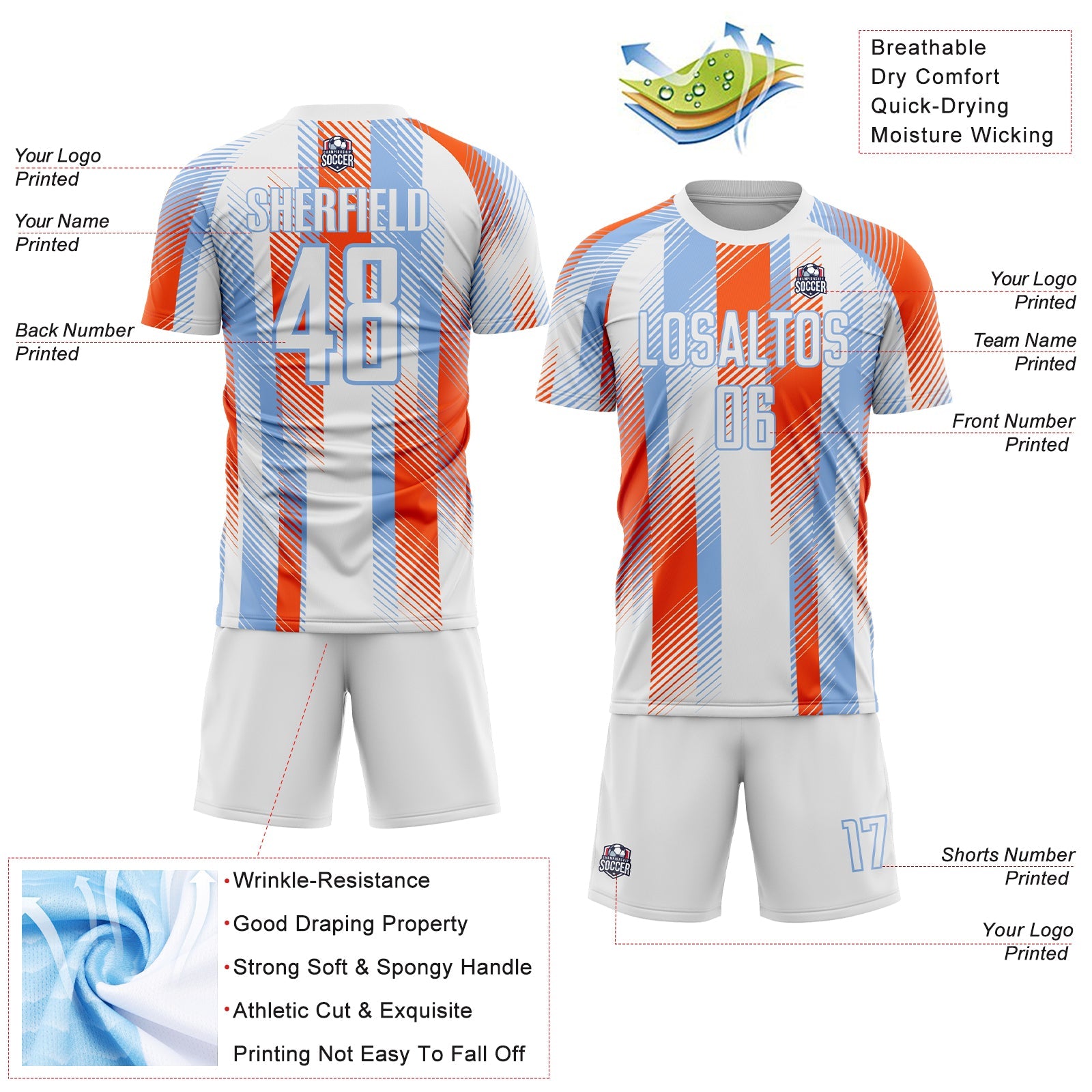 Custom White Light Blue-Orange Diagonal Stripe Sports Sublimation Soccer Uniform Jersey view 4