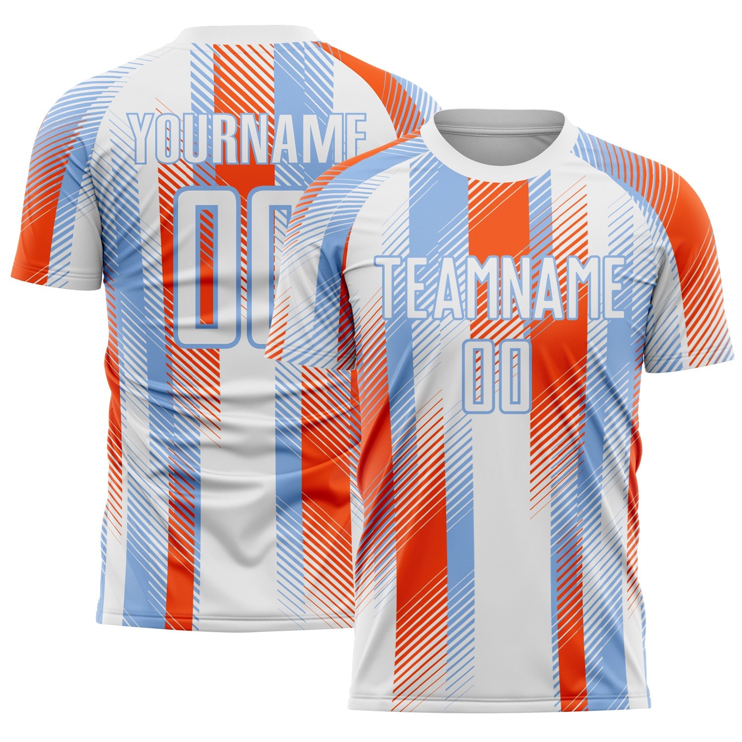 Custom White Light Blue-Orange Diagonal Stripe Sports Sublimation Soccer Uniform Jersey - Main View