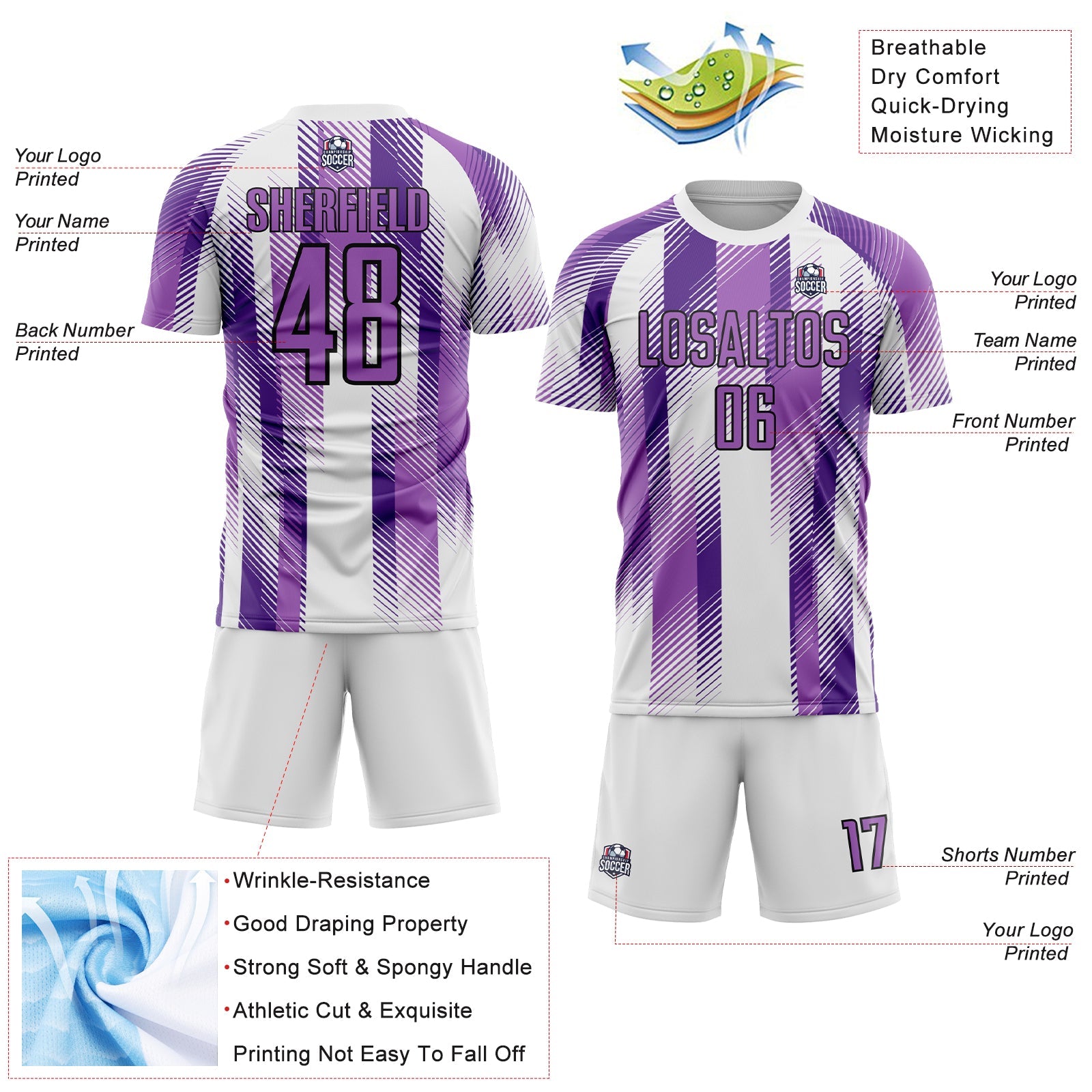 Custom White Medium Purple-Black Diagonal Stripe Sports Sublimation Soccer Uniform Jersey view 4