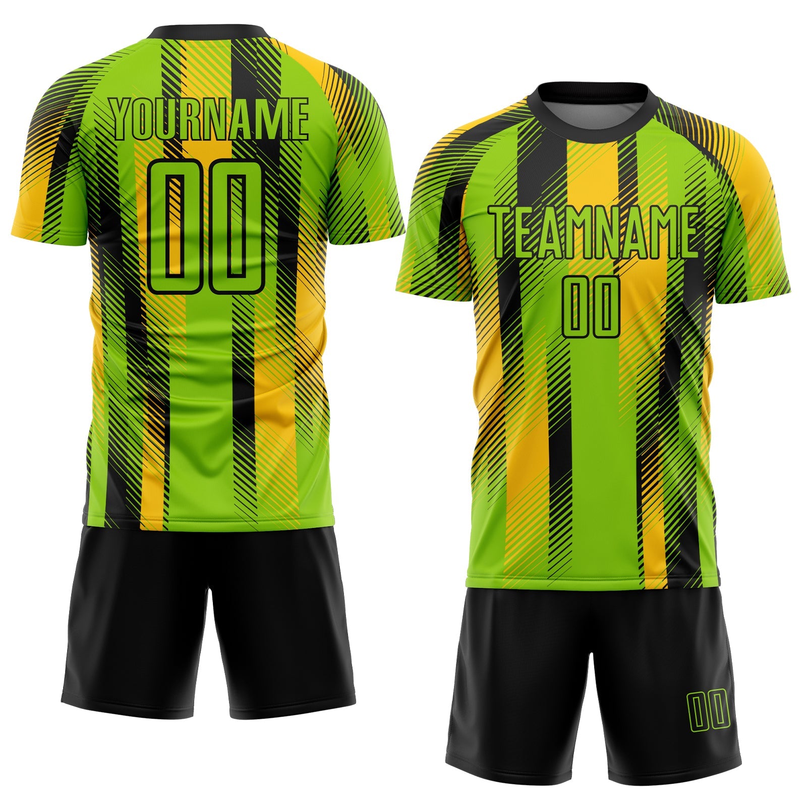 Custom Neon Green Black-Yellow Diagonal Stripe Sports Sublimation Soccer Uniform Jersey view 2
