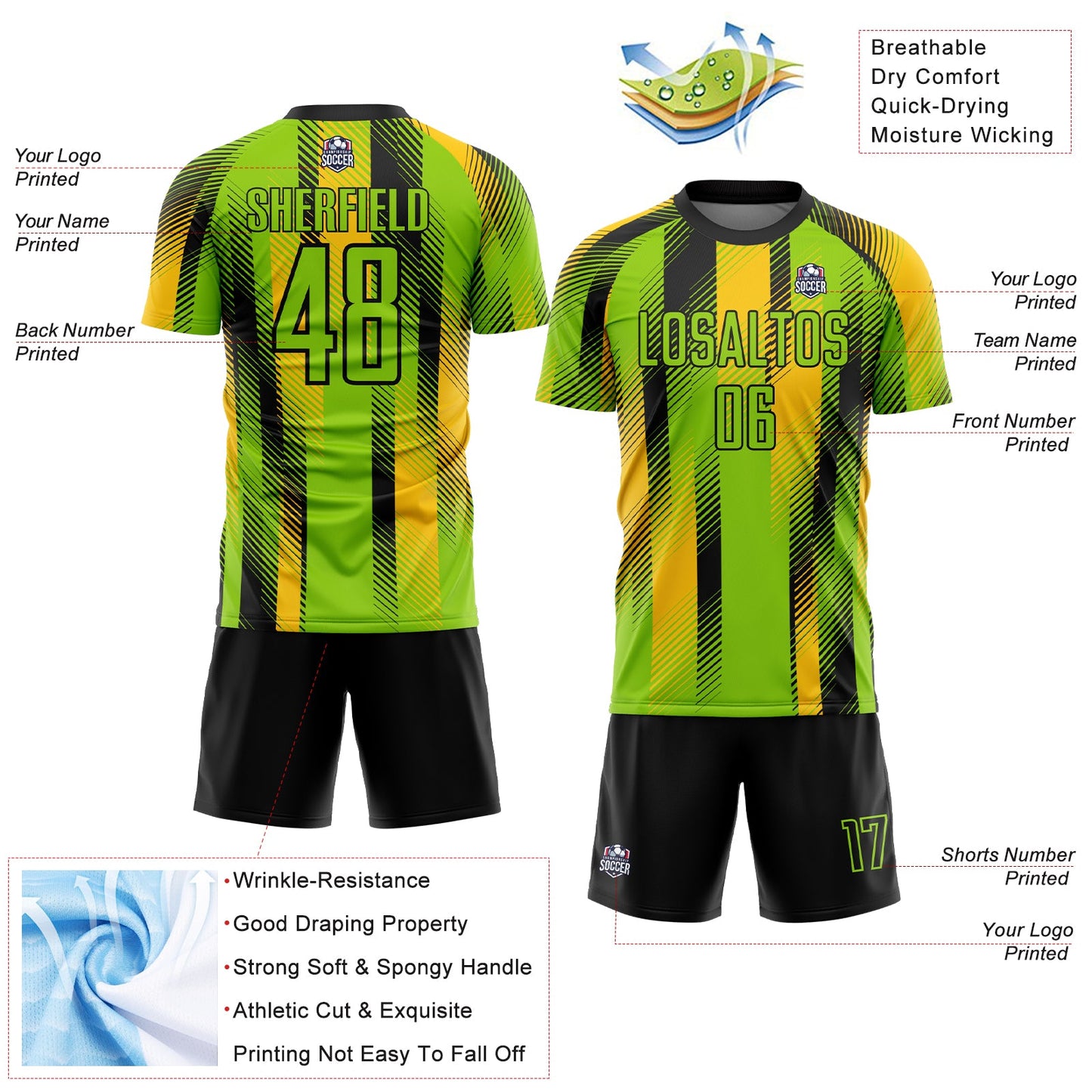 Custom Neon Green Black-Yellow Diagonal Stripe Sports Sublimation Soccer Uniform Jersey view 4