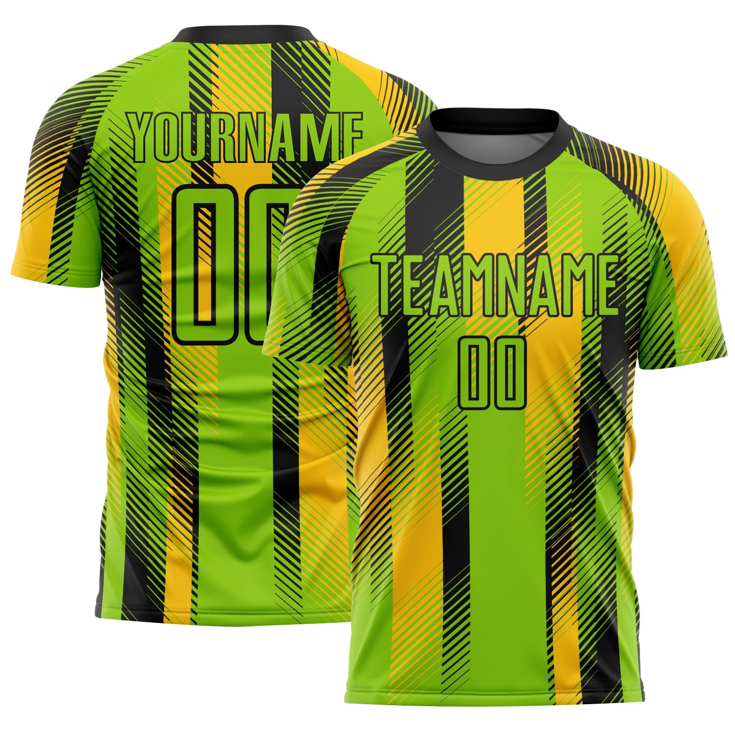 Custom Neon Green Black-Yellow Diagonal Stripe Sports Sublimation Soccer Uniform Jersey - Main View