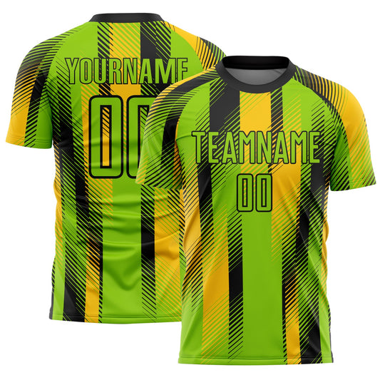 Custom Neon Green Black-Yellow Diagonal Stripe Sports Sublimation Soccer Uniform Jersey - Main View