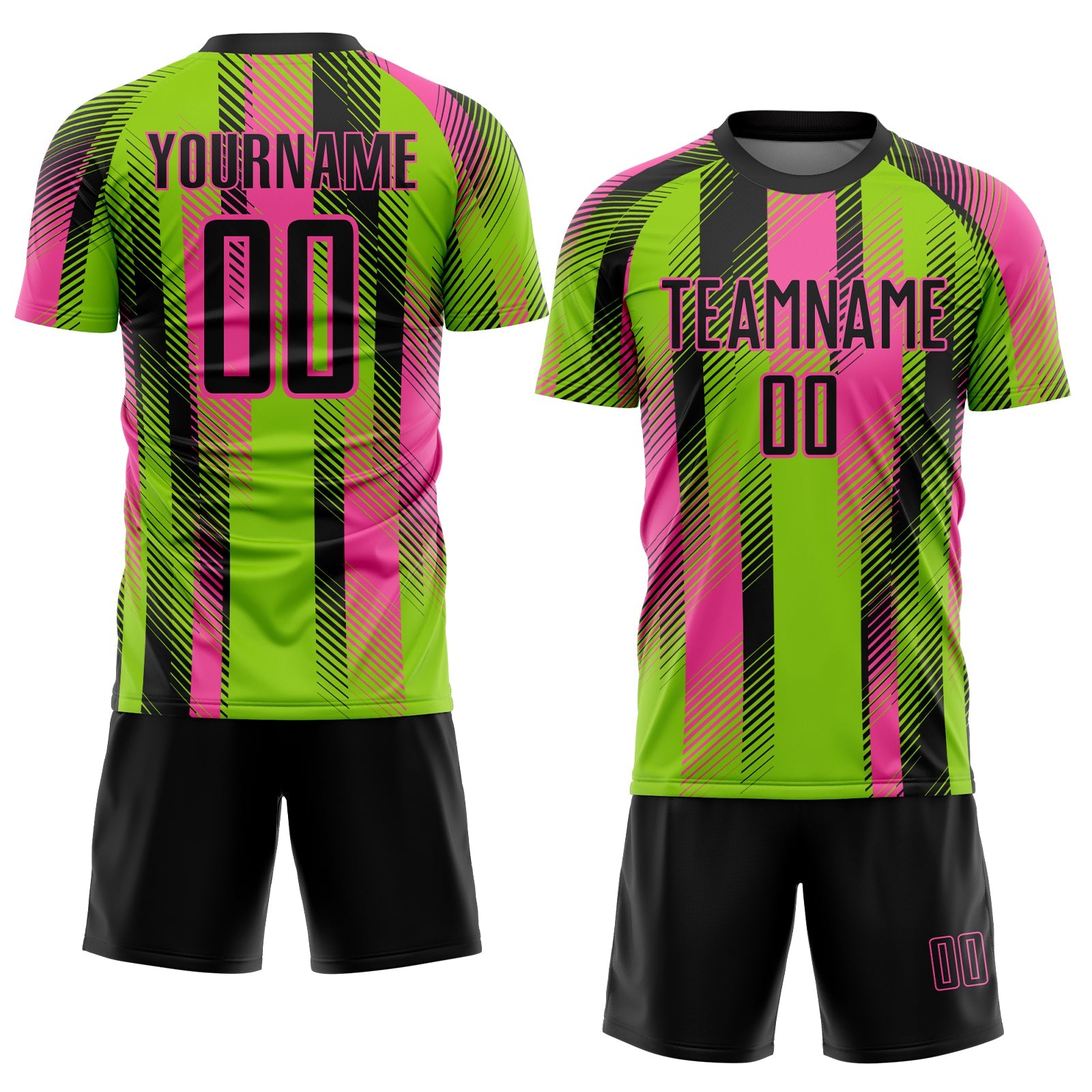 Custom Neon Green Black-Pink Diagonal Stripe Sports Sublimation Soccer Uniform Jersey view 2