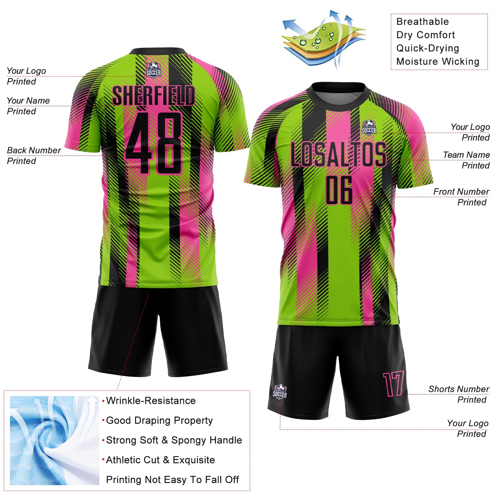 Custom Neon Green Black-Pink Diagonal Stripe Sports Sublimation Soccer Uniform Jersey view 4