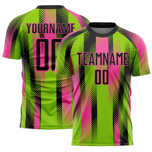Custom Neon Green Black-Pink Diagonal Stripe Sports Sublimation Soccer Uniform Jersey - Main View