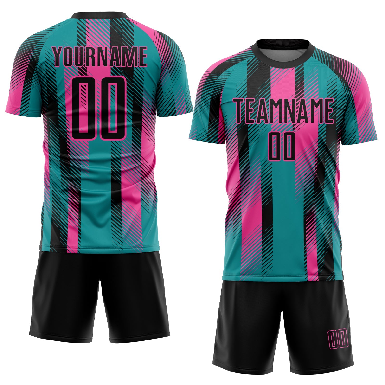 Custom Teal Black-Pink Diagonal Stripe Sports Sublimation Soccer Uniform Jersey view 2