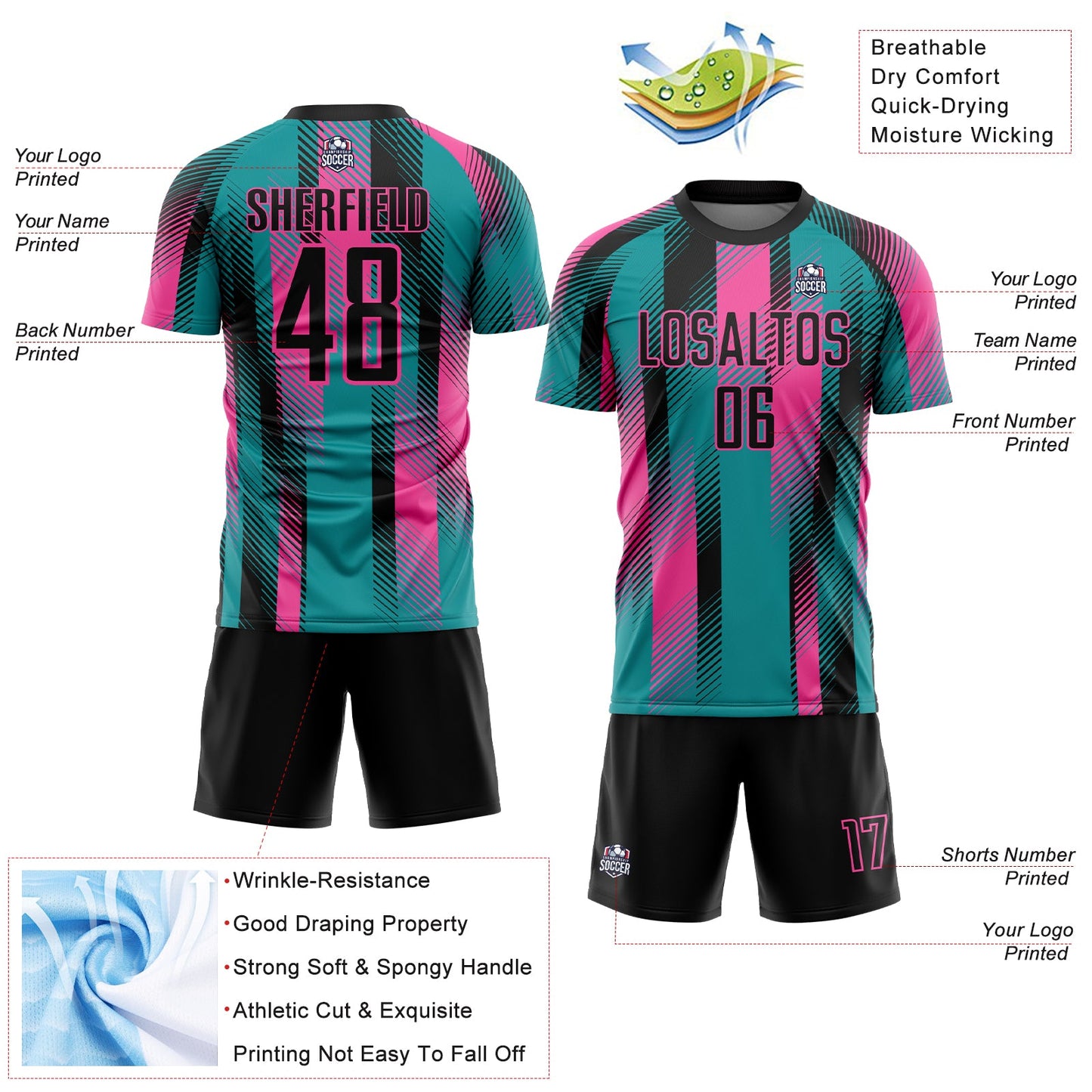Custom Teal Black-Pink Diagonal Stripe Sports Sublimation Soccer Uniform Jersey view 4