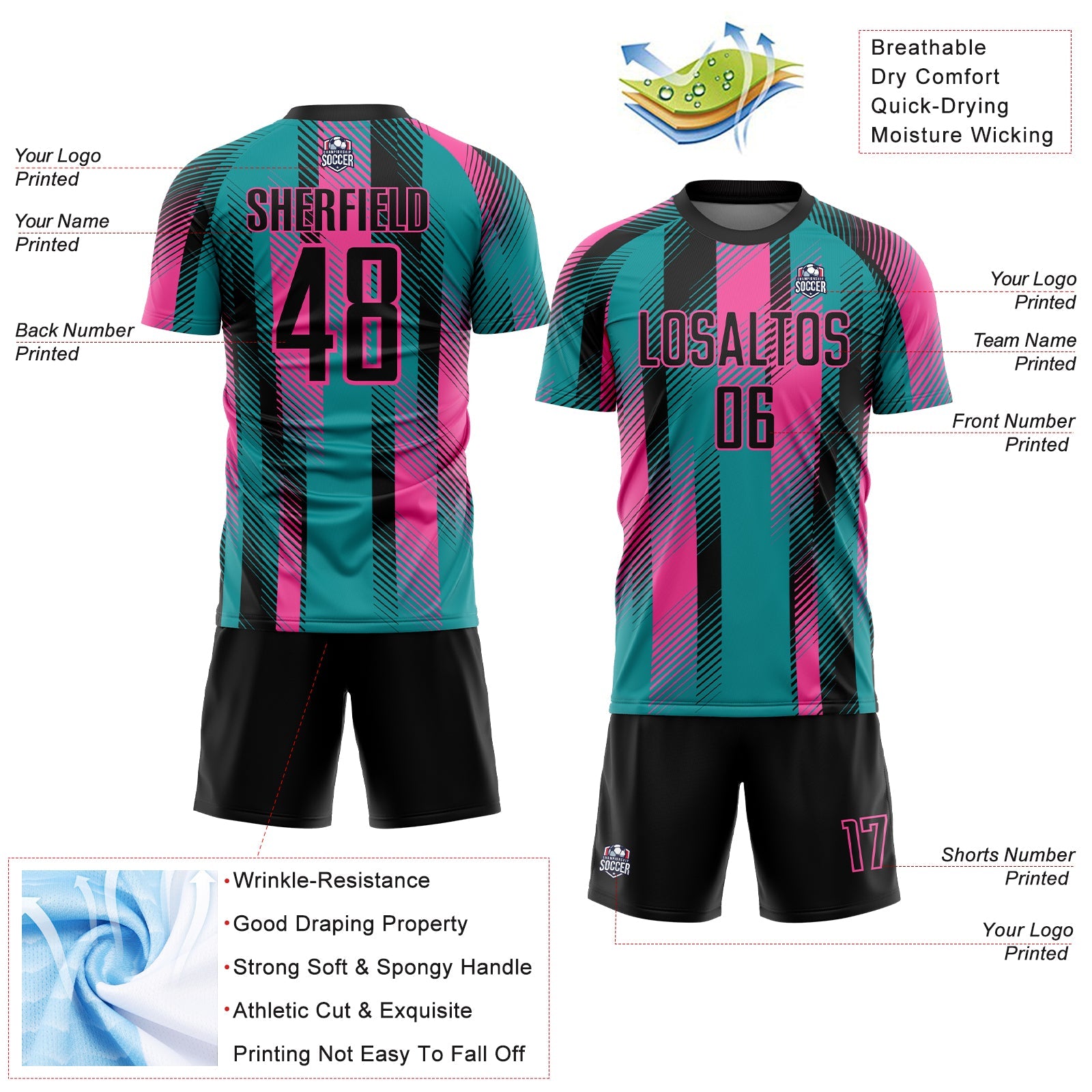 Custom Teal Black-Pink Diagonal Stripe Sports Sublimation Soccer Uniform Jersey view 4