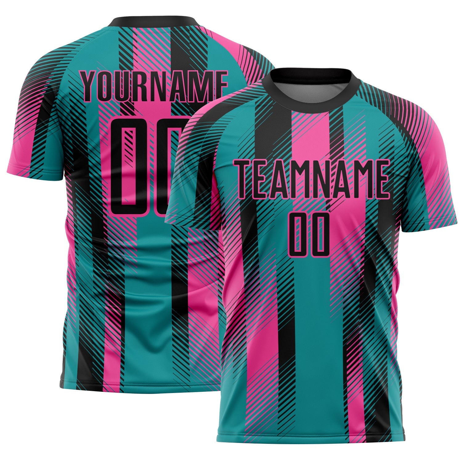 Custom Teal Black-Pink Diagonal Stripe Sports Sublimation Soccer Uniform Jersey - Main View