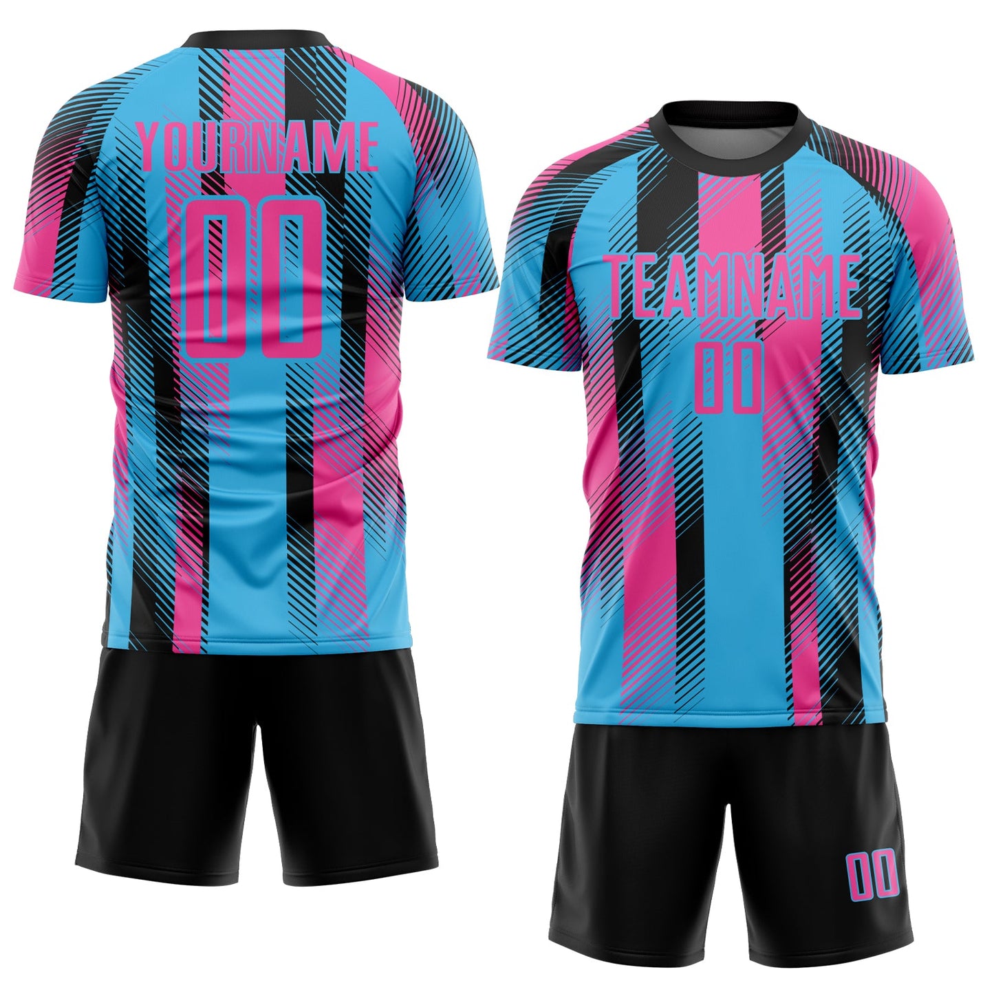 Custom Sky Blue Pink-Black Diagonal Stripe Sports Sublimation Soccer Uniform Jersey view 2
