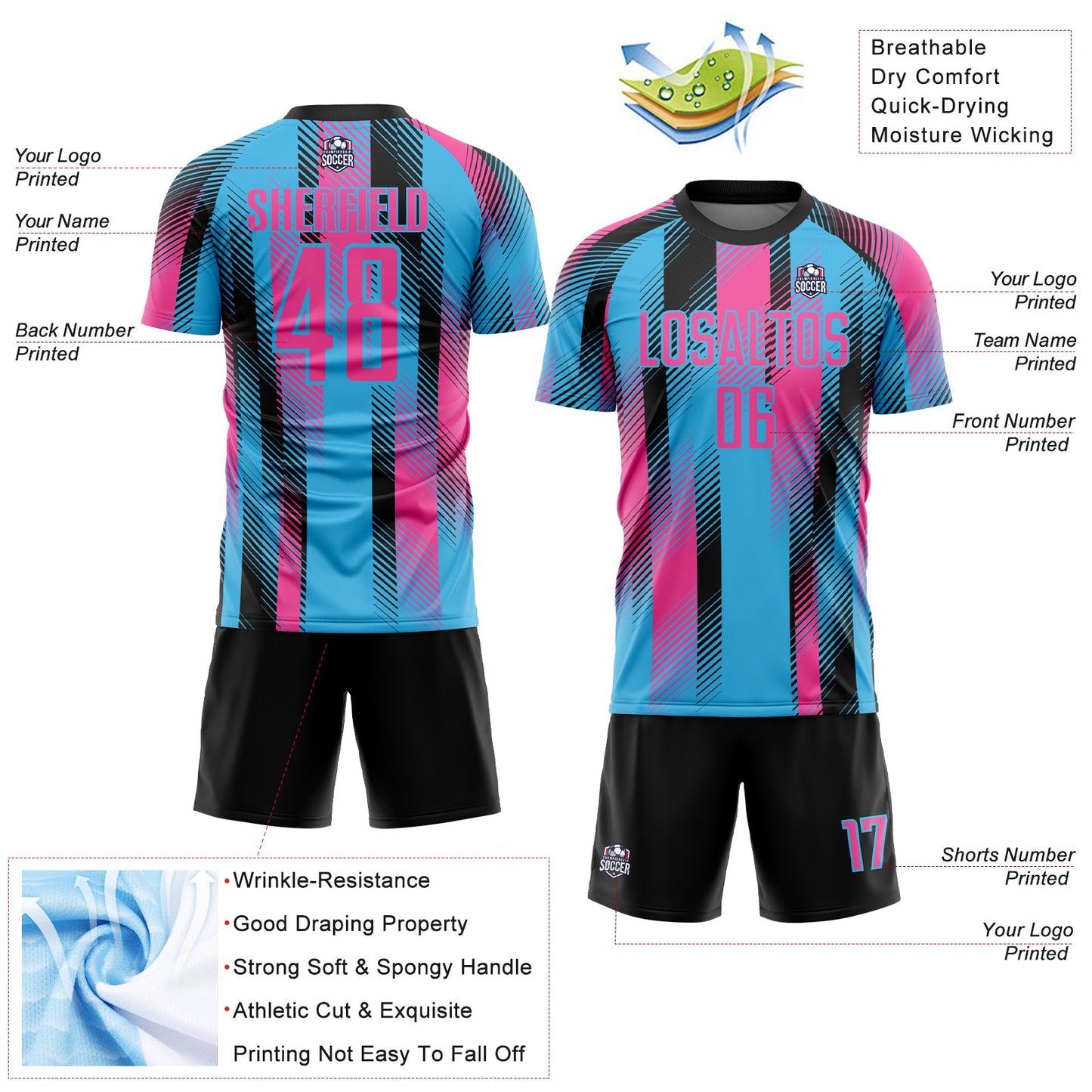 Custom Sky Blue Pink-Black Diagonal Stripe Sports Sublimation Soccer Uniform Jersey view 4