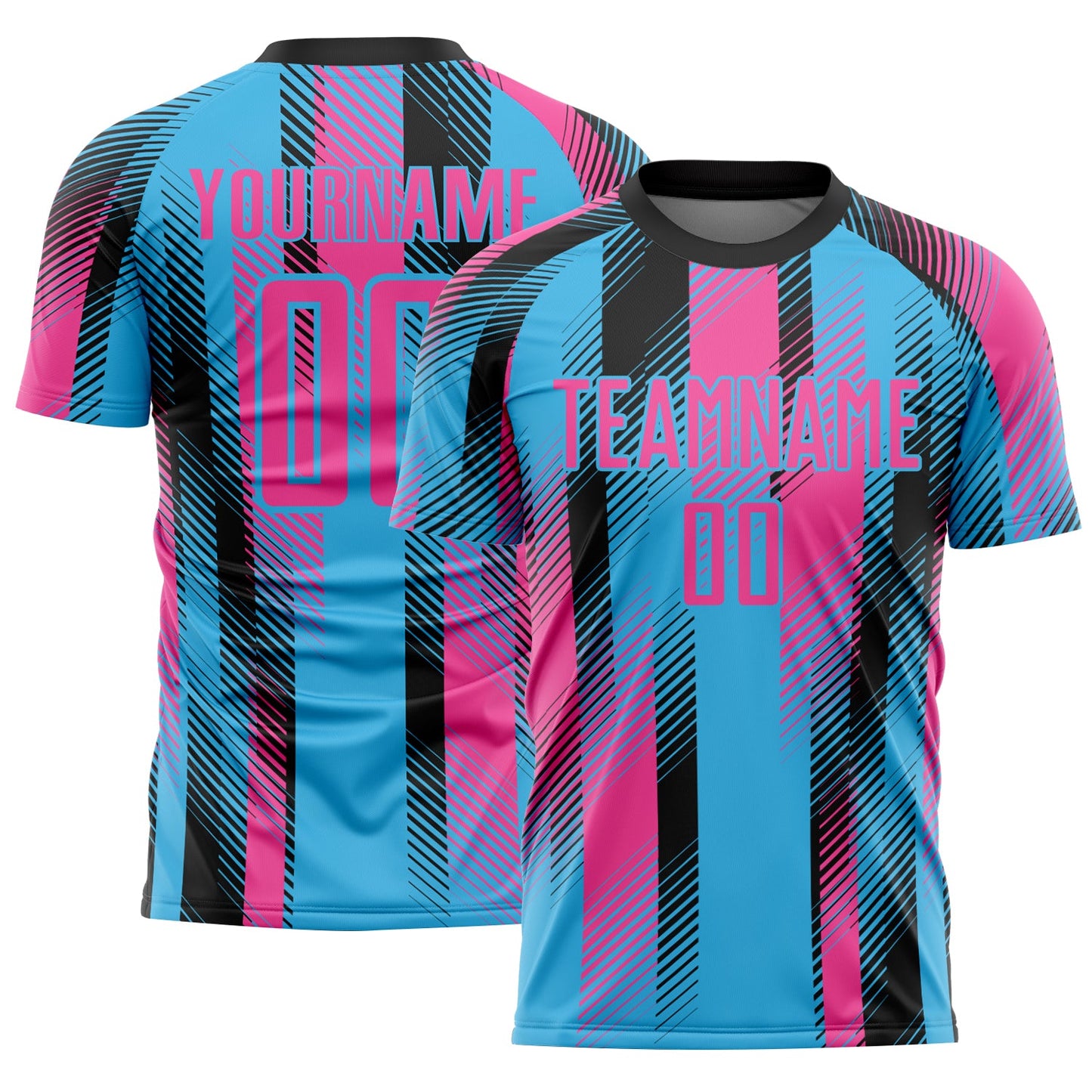 Custom Sky Blue Pink-Black Diagonal Stripe Sports Sublimation Soccer Uniform Jersey - Main View
