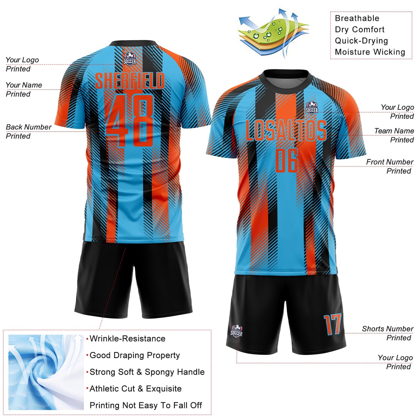 Custom Sky Blue Orange-Black Diagonal Stripe Sports Sublimation Soccer Uniform Jersey view 4