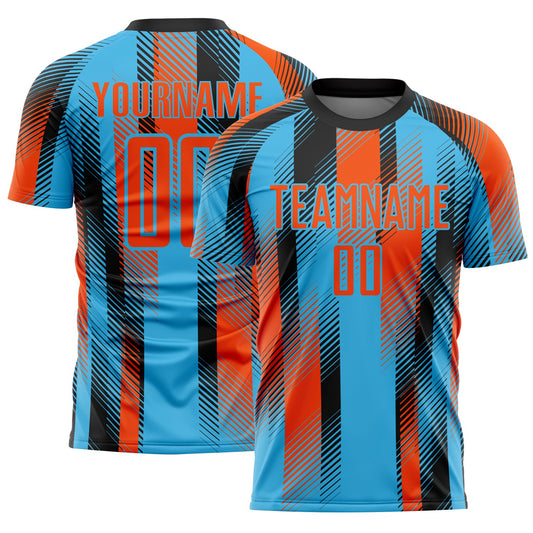 Custom Sky Blue Orange-Black Diagonal Stripe Sports Sublimation Soccer Uniform Jersey - Main View