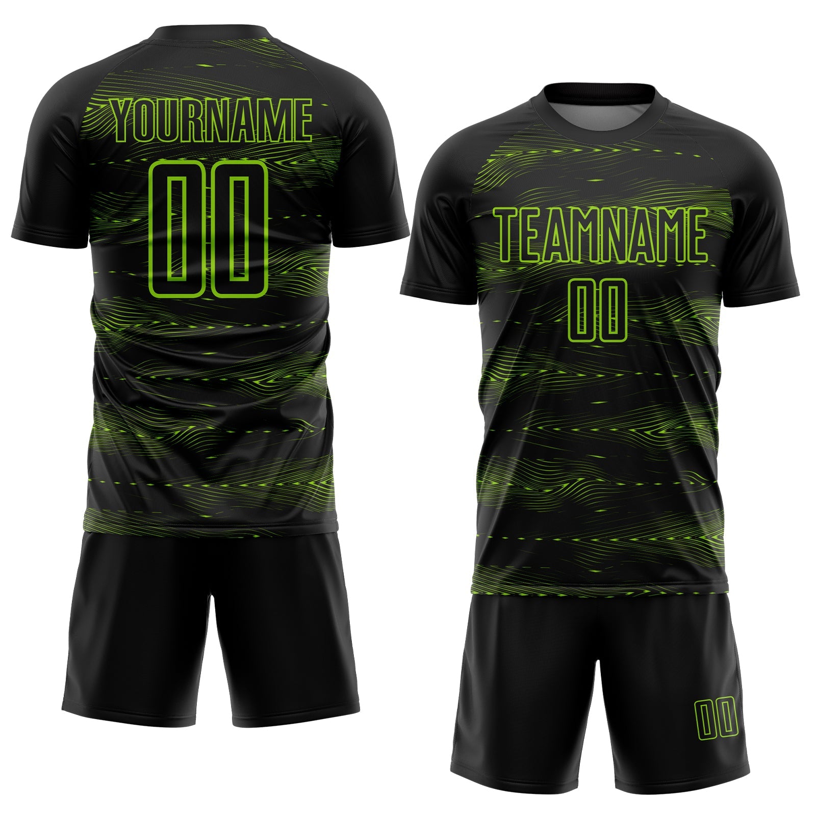 Custom Black Neon Green Streamline Wave Cyberpunk Neon Tech Sports Sublimation Soccer Uniform Jersey view 2