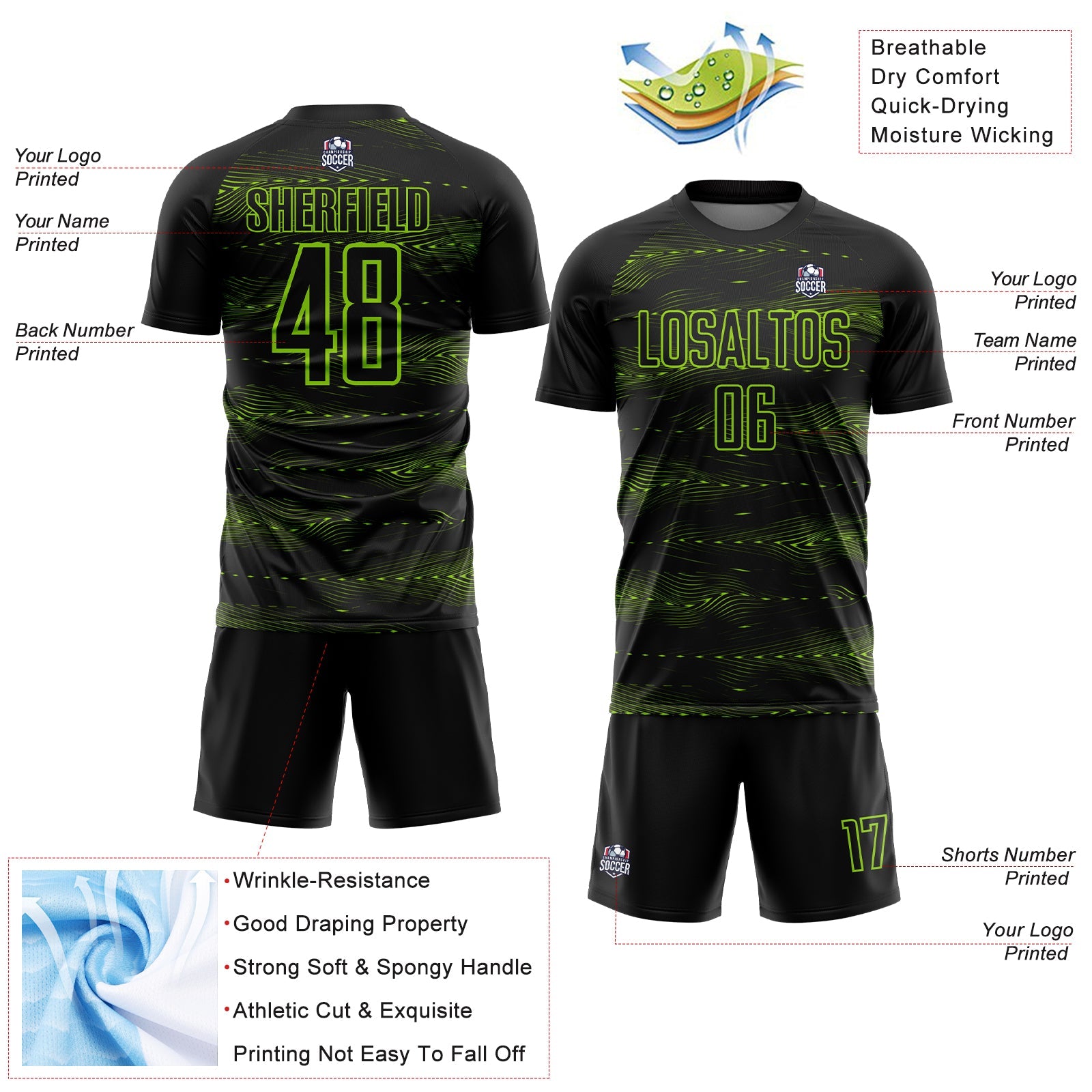Custom Black Neon Green Streamline Wave Cyberpunk Neon Tech Sports Sublimation Soccer Uniform Jersey view 4