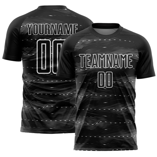 Custom Black White Streamline Wave Cyberpunk Neon Tech Sports Sublimation Soccer Uniform Jersey - Main View