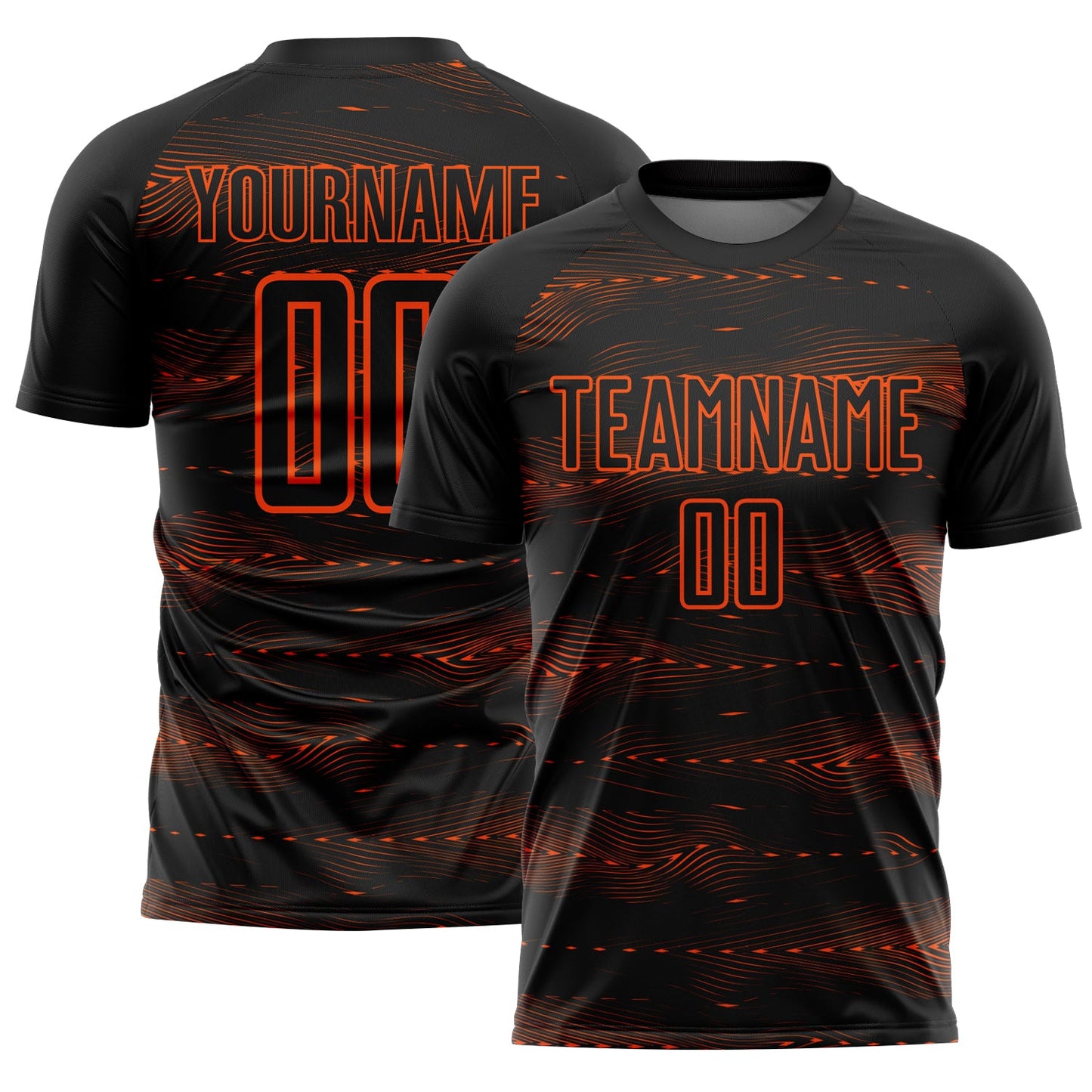 Custom Black Orange Streamline Wave Cyberpunk Neon Tech Sports Sublimation Soccer Uniform Jersey - Main View