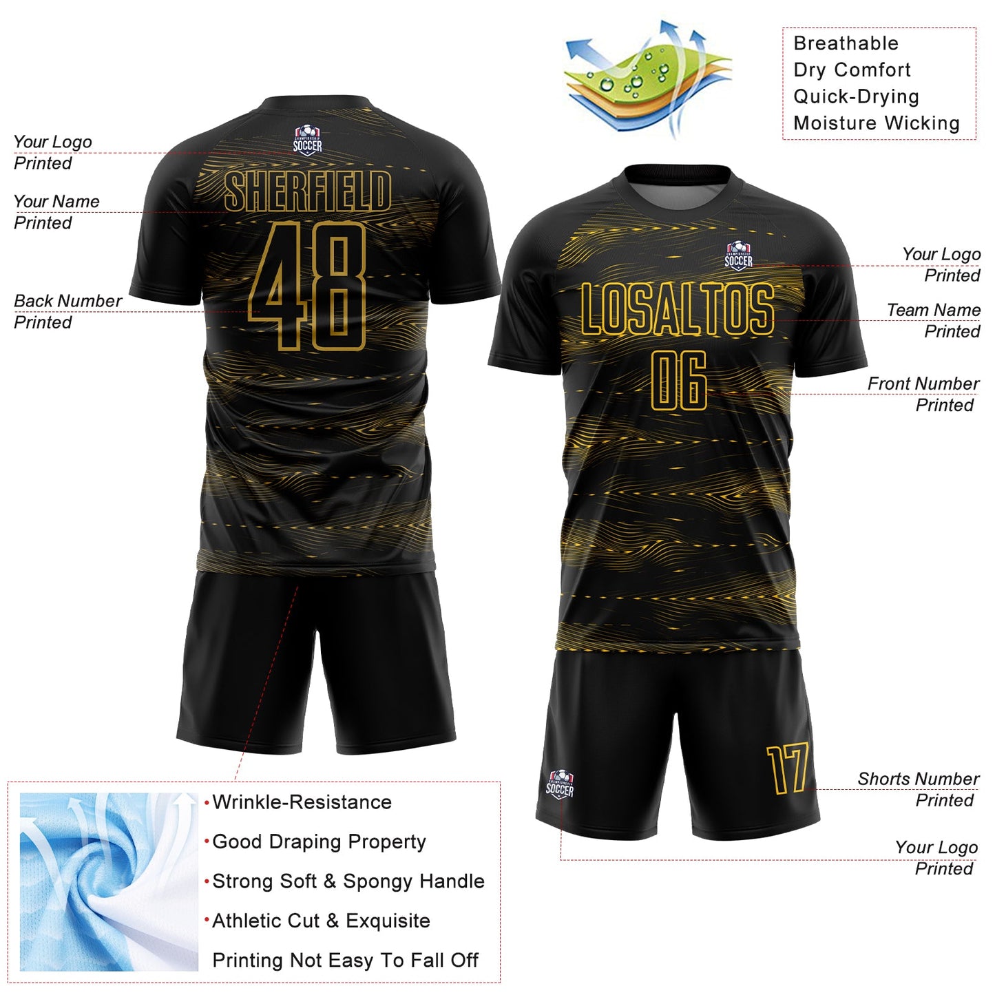 Custom Black Yellow Streamline Wave Cyberpunk Neon Tech Sports Sublimation Soccer Uniform Jersey view 4