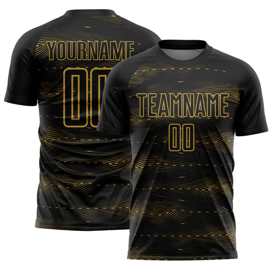 Custom Black Old Gold Streamline Wave Cyberpunk Neon Tech Sports Sublimation Soccer Uniform Jersey - Main View