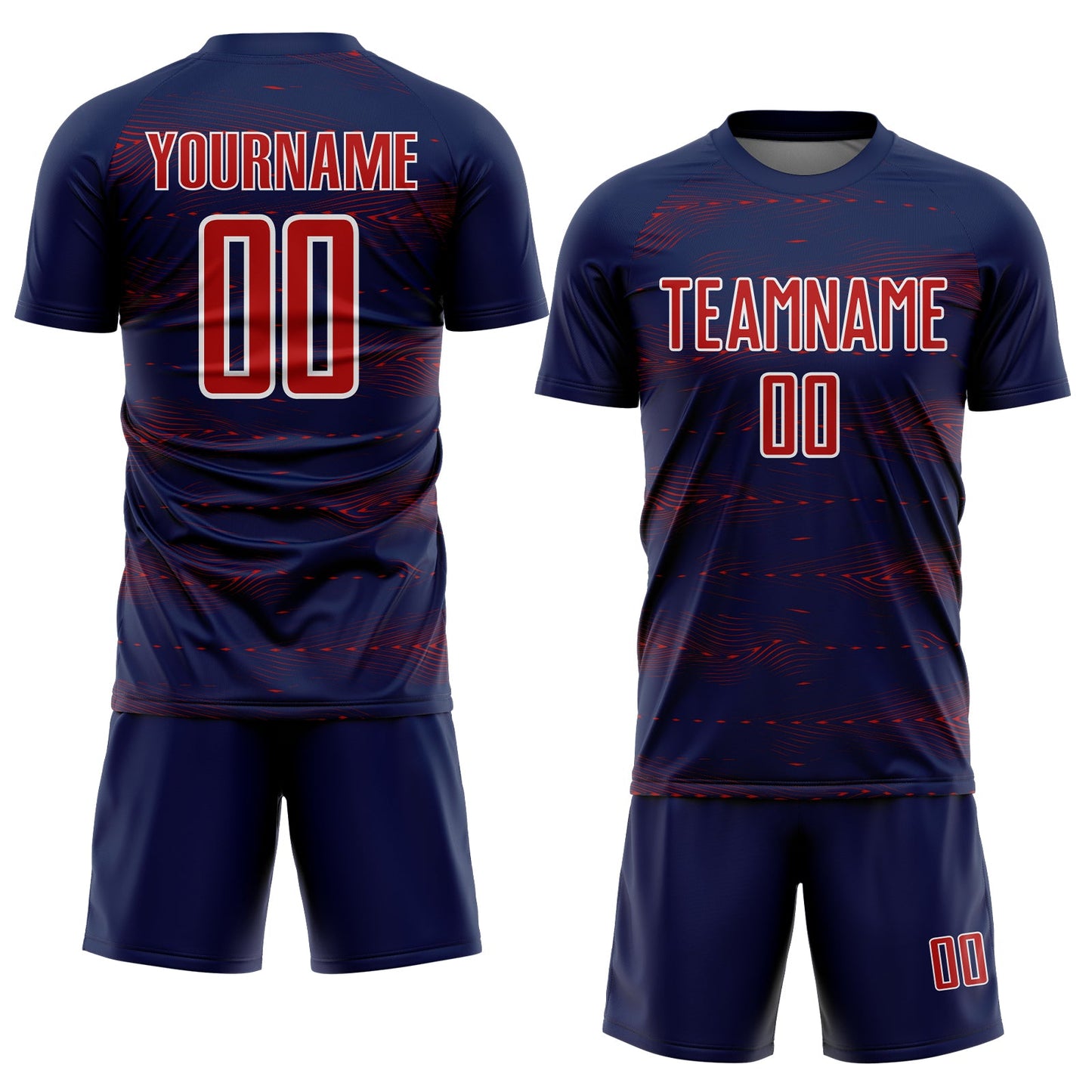 Custom Navy Red-White Streamline Wave Cyberpunk Neon Tech Sports Sublimation Soccer Uniform Jersey view 2